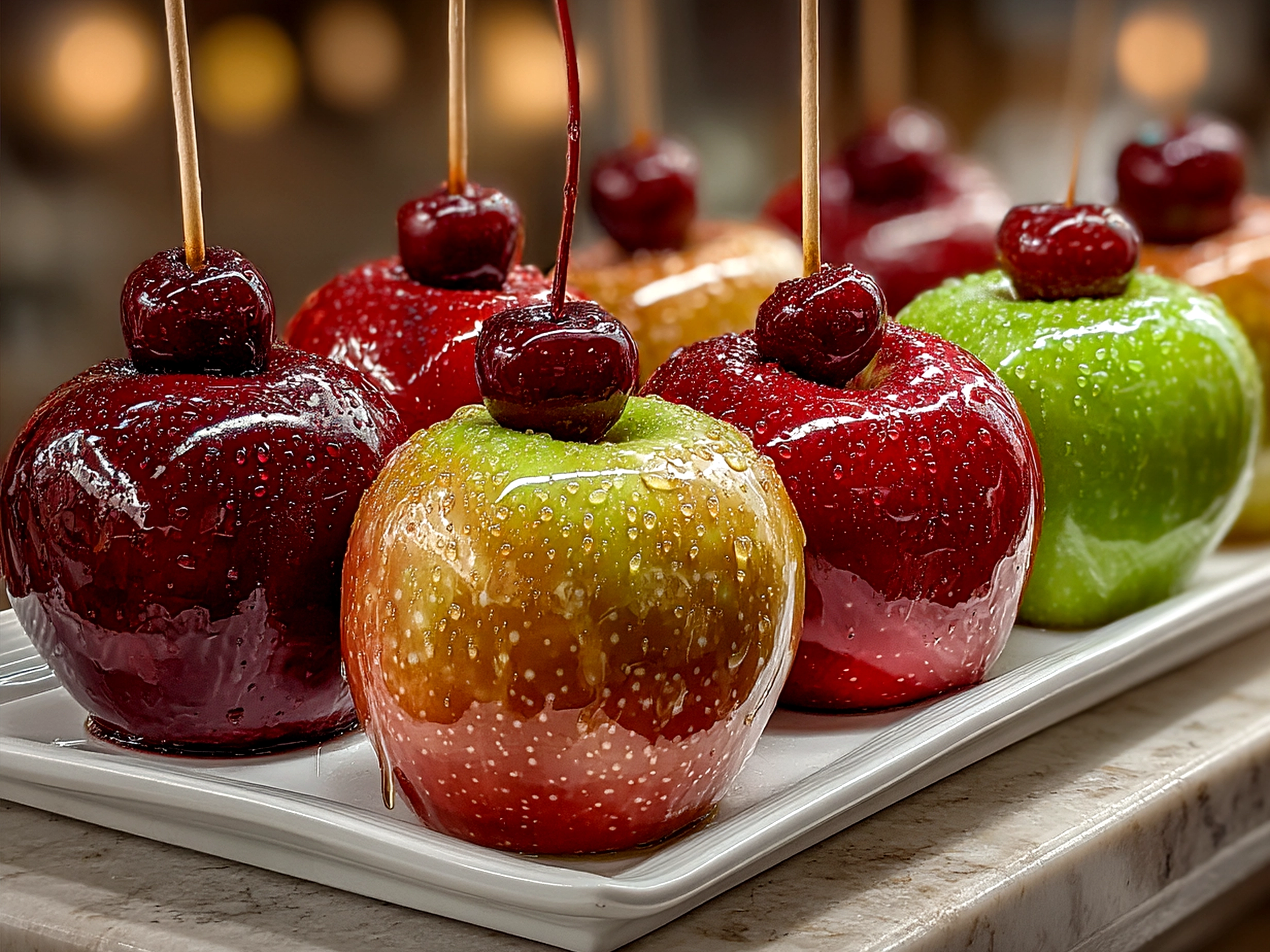 Plate of finished Homemade Candy Apples presented on a wooden board