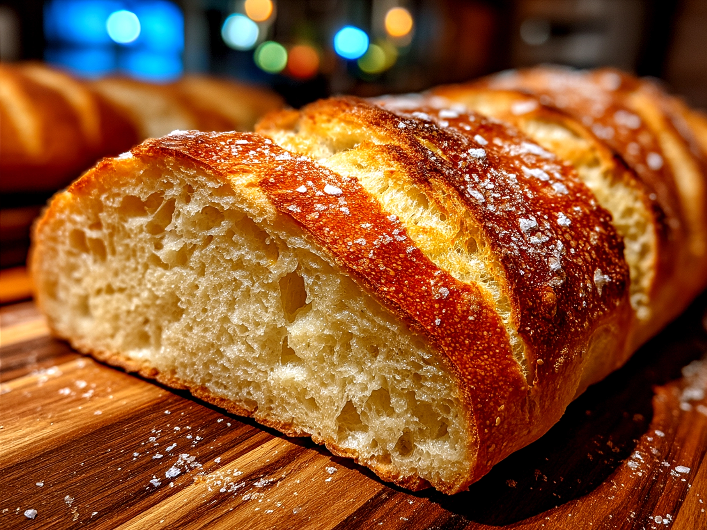 Freshly baked Homemade Italian Bread, golden crust with sliced pieces on a wooden board
