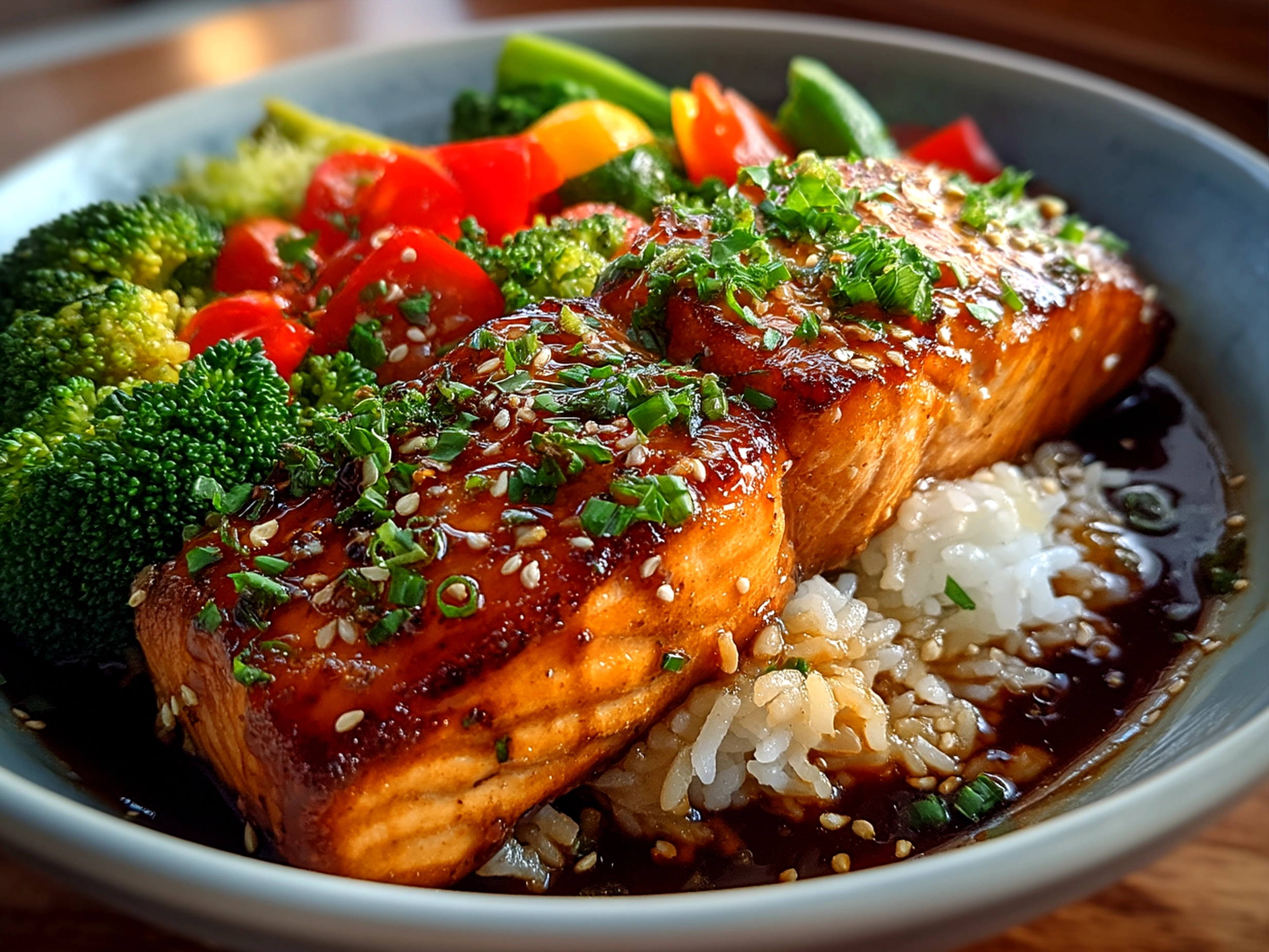 Beautifully presented Honey Glazed Salmon Bowl with salmon, broccoli, carrots, rice, and garnished with green onions and sesame seeds