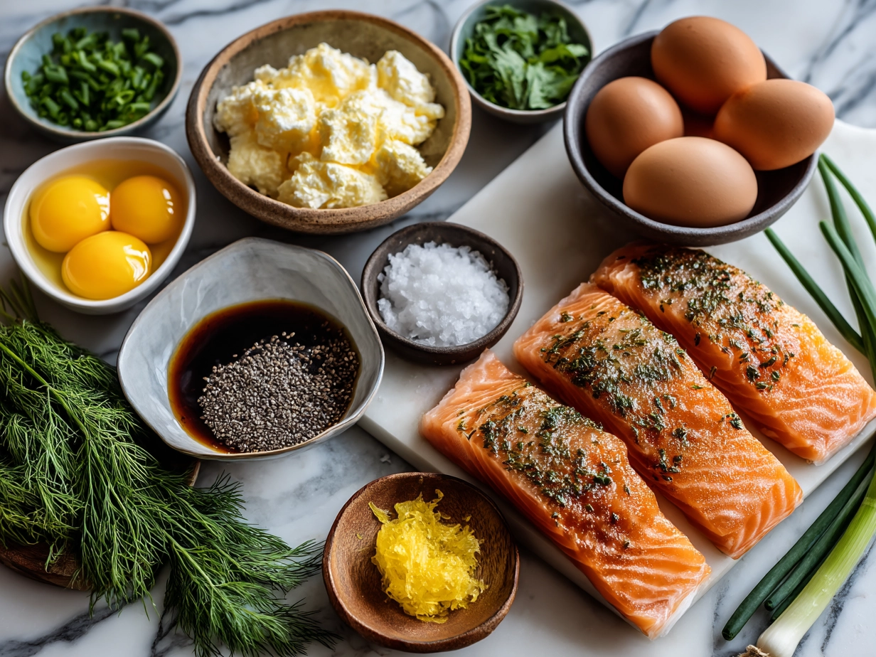 Ingredients laid out for Honey Glazed Salmon Bowl including salmon fillets, honey, soy sauce, rice vinegar, garlic, ginger, sesame oil, rice, broccoli, carrots, green onions, and sesame seeds