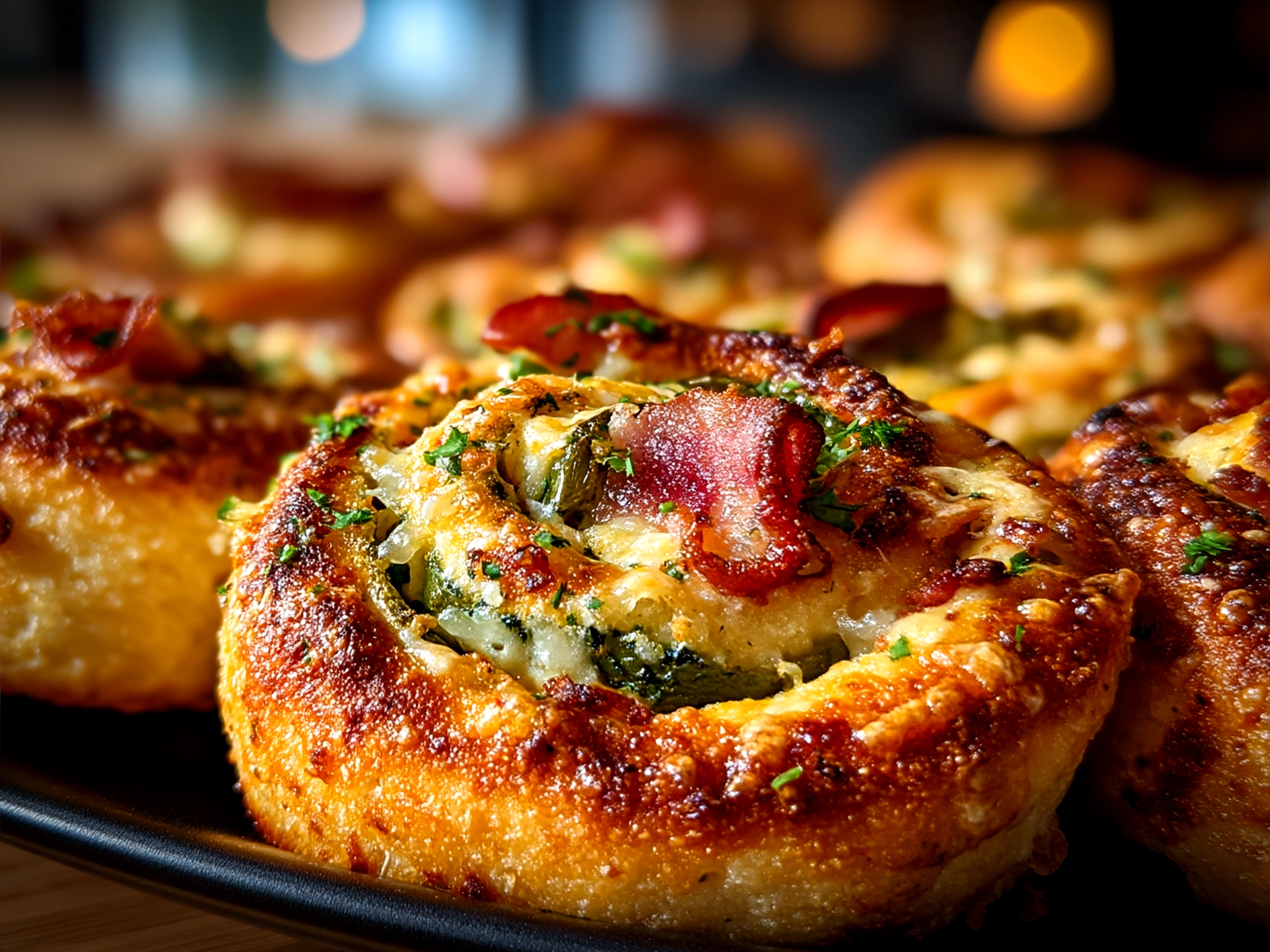 Beautifully arranged Jalapeno Popper Pinwheels on a platter ready to serve with fresh greens