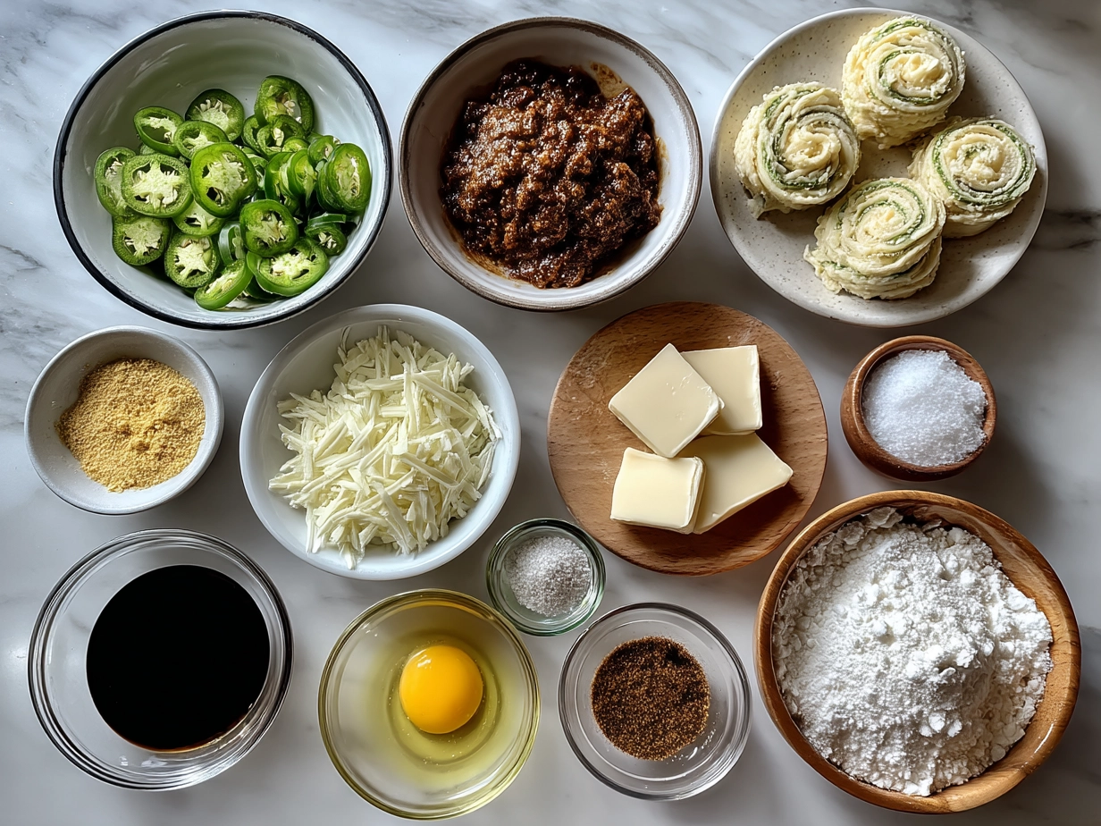 Ingredients for making soulful Jalapeno Popper Pinwheels including cream cheese, shredded cheddar, jalapenos, spices, and tortillas