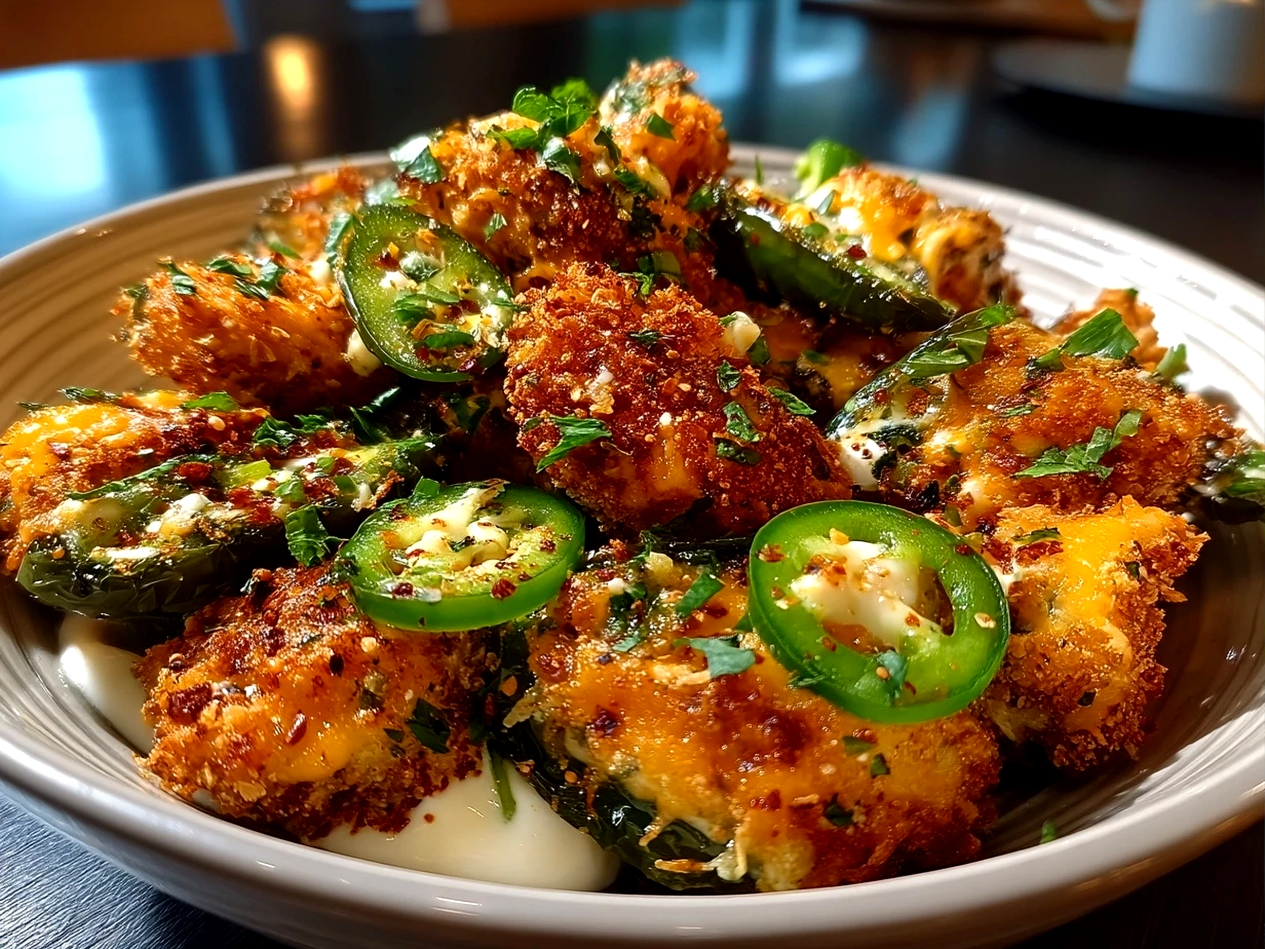 Final plated Jalapeno Poppers Nourish Bowl with stuffed jalapenos, mixed greens, grains, black beans and lime wedges