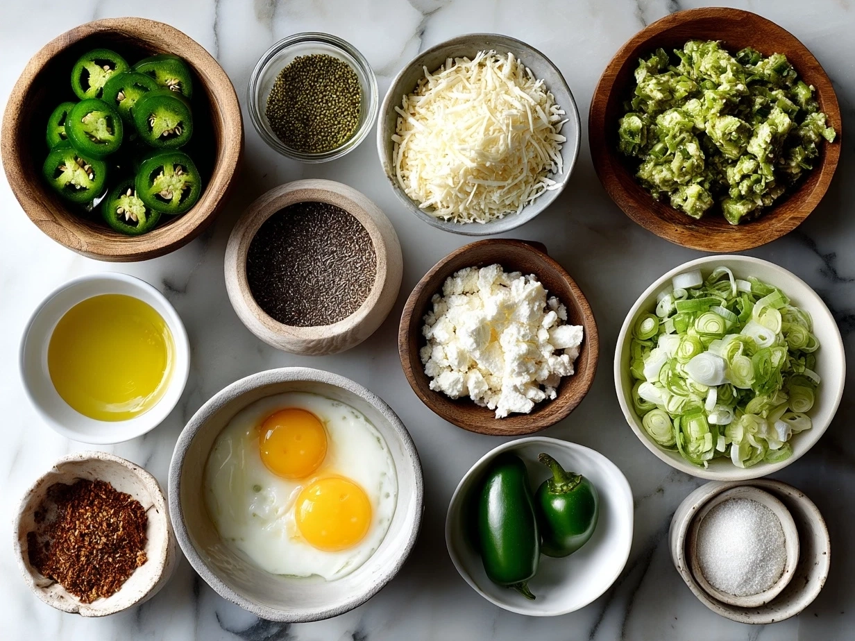Ingredients for Jalapeno Poppers Nourish Bowl laid out on a table with fresh jalapenos, cheeses, grains, and herbs