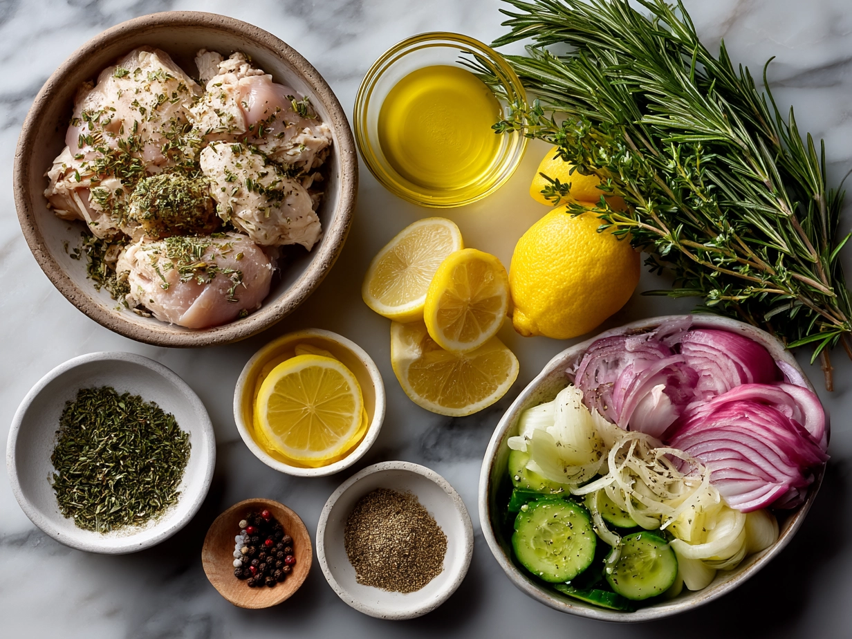Ingredients for Lemon-Herb Chicken Nourish Bowl: fresh herbs, lemon, chicken breasts, olive oil, garlic, quinoa, broccoli, cherry tomatoes, red onion