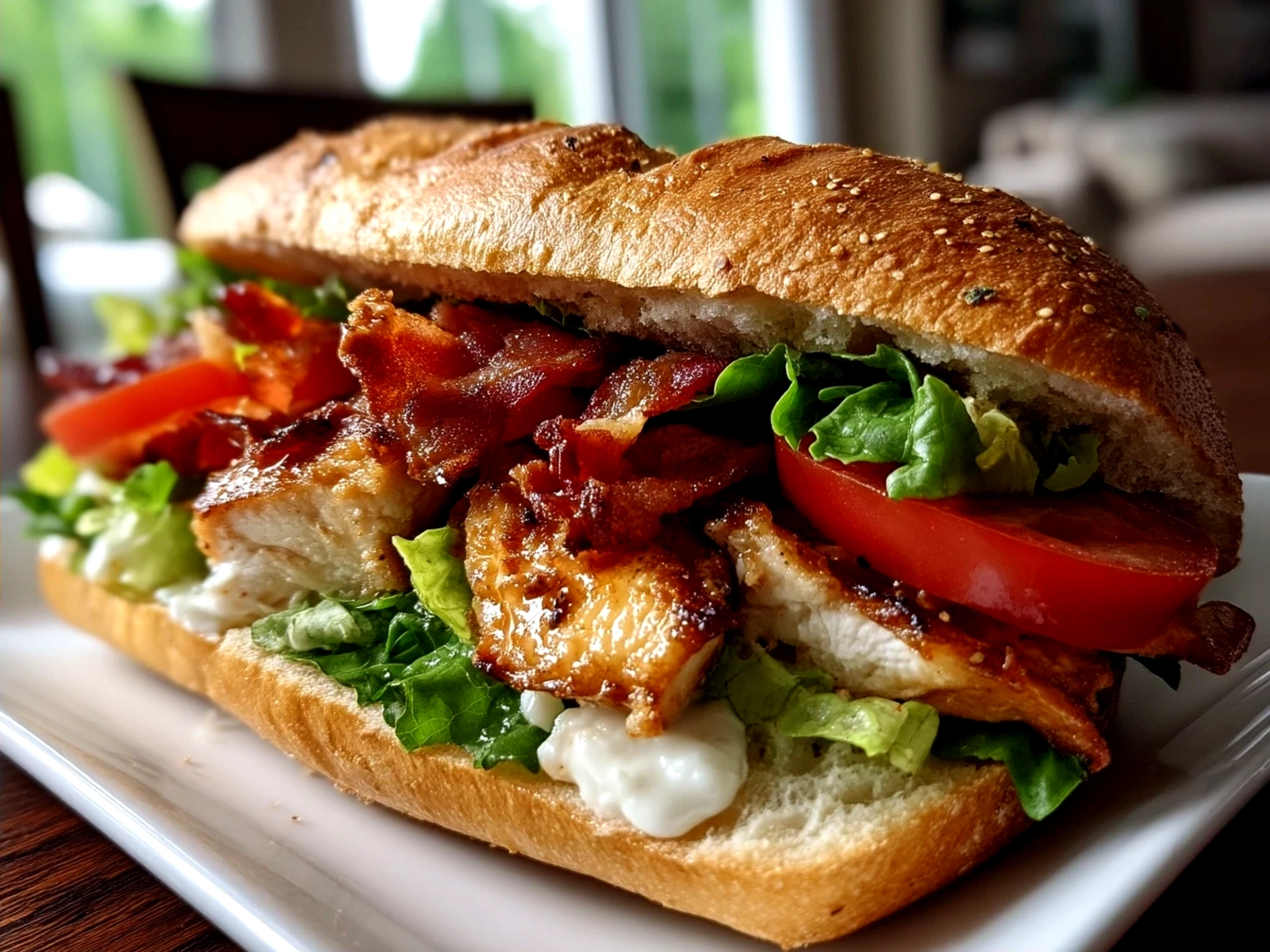 A beautifully plated Loaded Chicken Club Sandwich with layers of grilled chicken, bacon, lettuce, tomato, and cheese