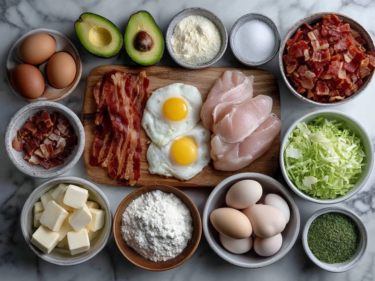 Ingredients for Loaded Chicken Club Sandwich including chicken breasts, bacon, whole grain bread, lettuce, tomato, cheese, mayo and Dijon mustard