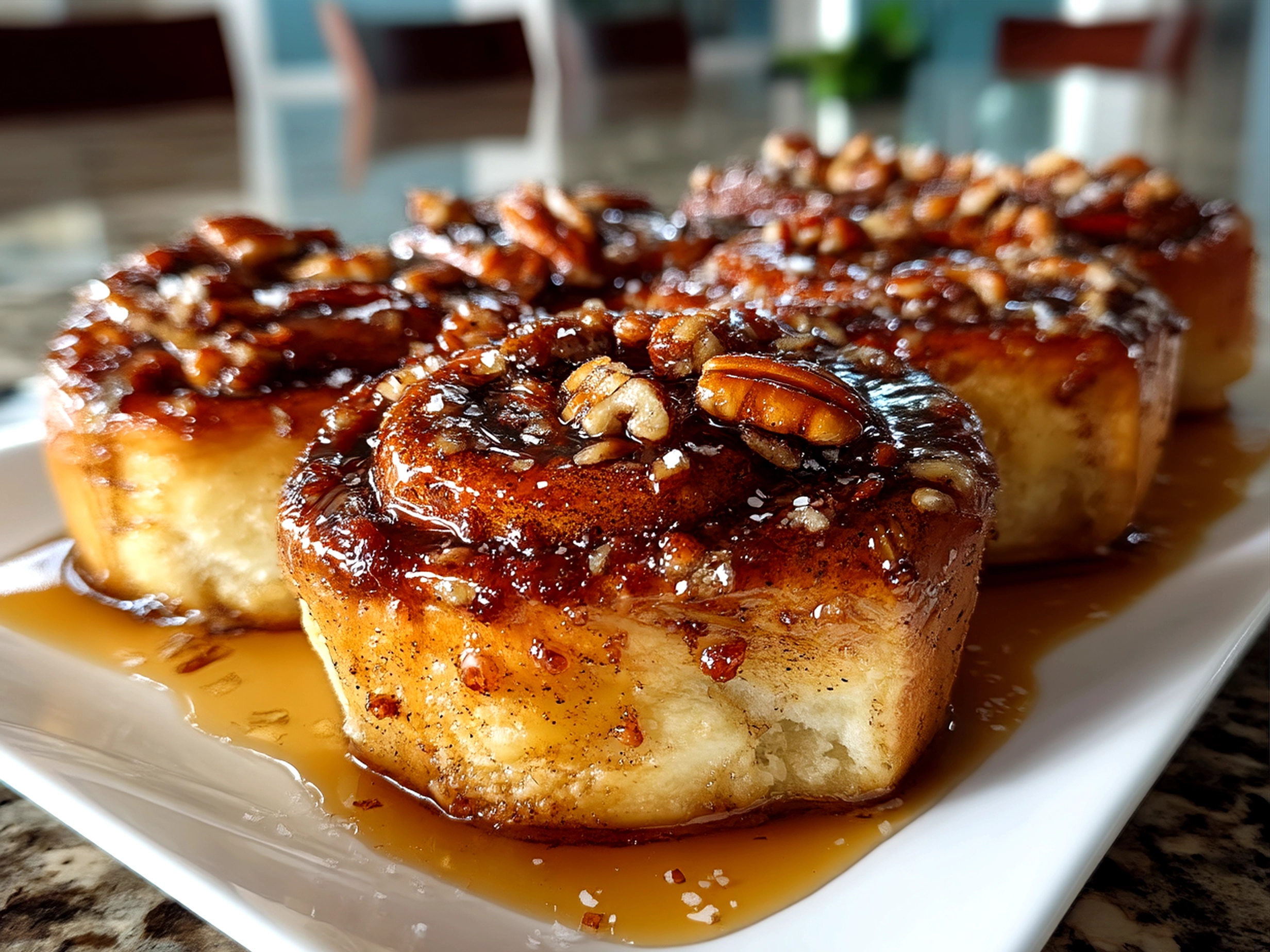 Freshly baked Maple Pecan Sticky Buns served and ready to enjoy