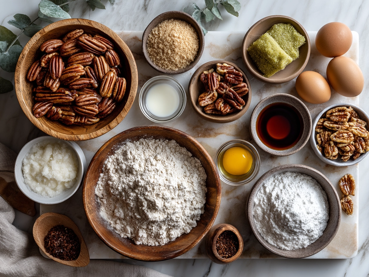 Ingredients for Maple Pecan Sticky Buns including pecans, maple syrup, butter, flour, and spices