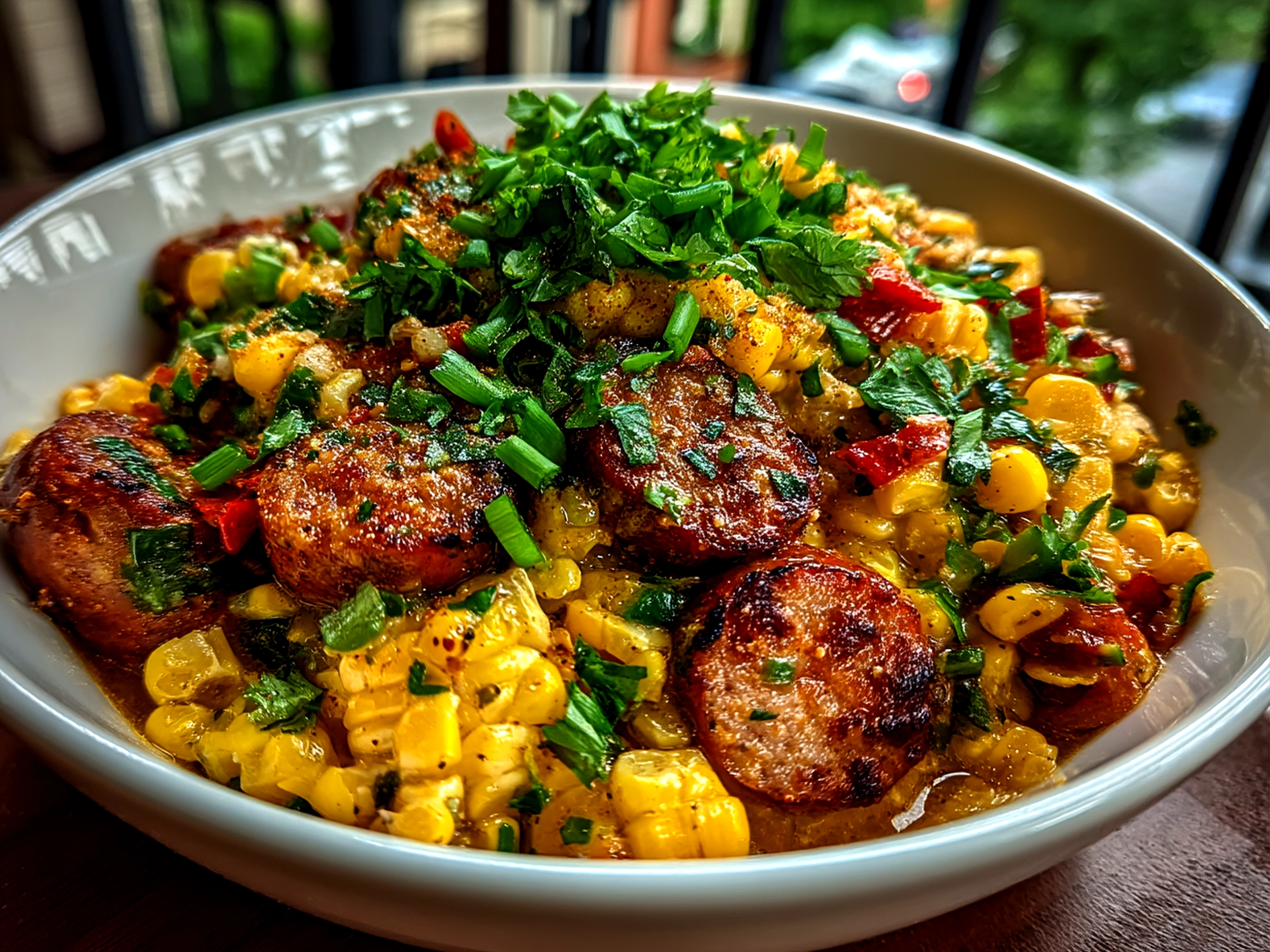 Finished Maque Choux With Sausage Corn served in a bowl with herbs