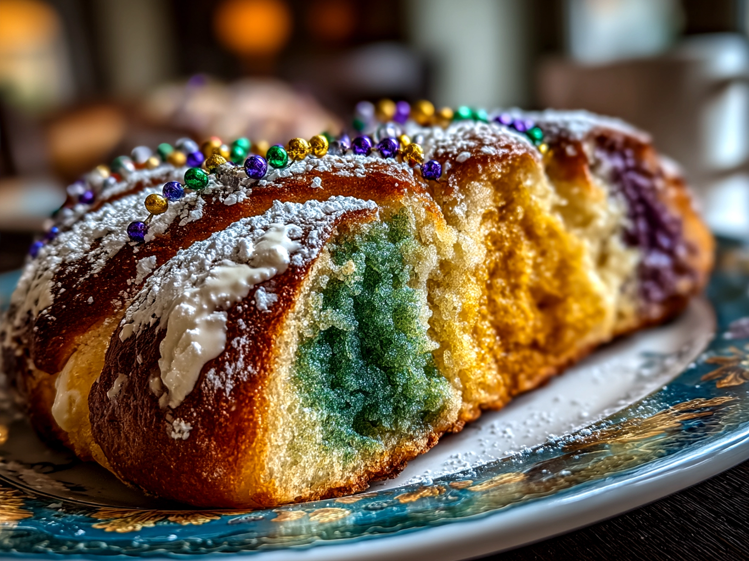 Finished Mardi Gras King Cake ready to serve