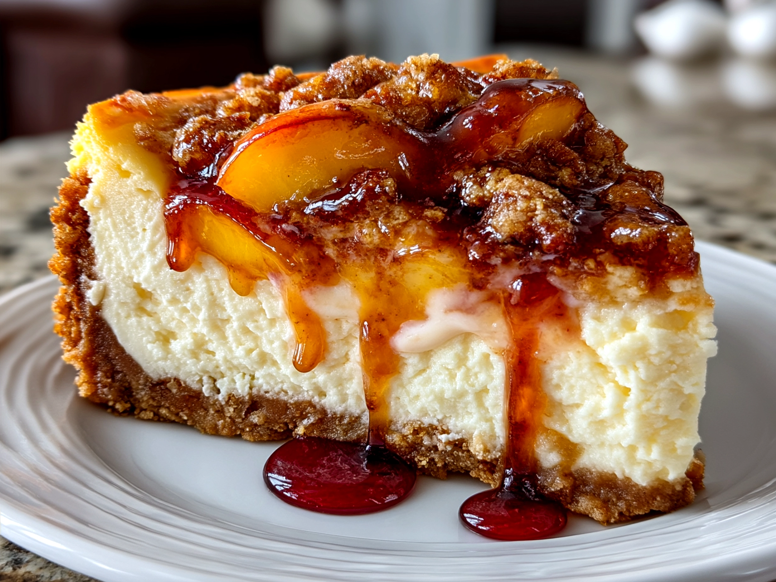 Finished Peach Cobbler Cheesecake served on a plate garnished with fresh peaches and mint