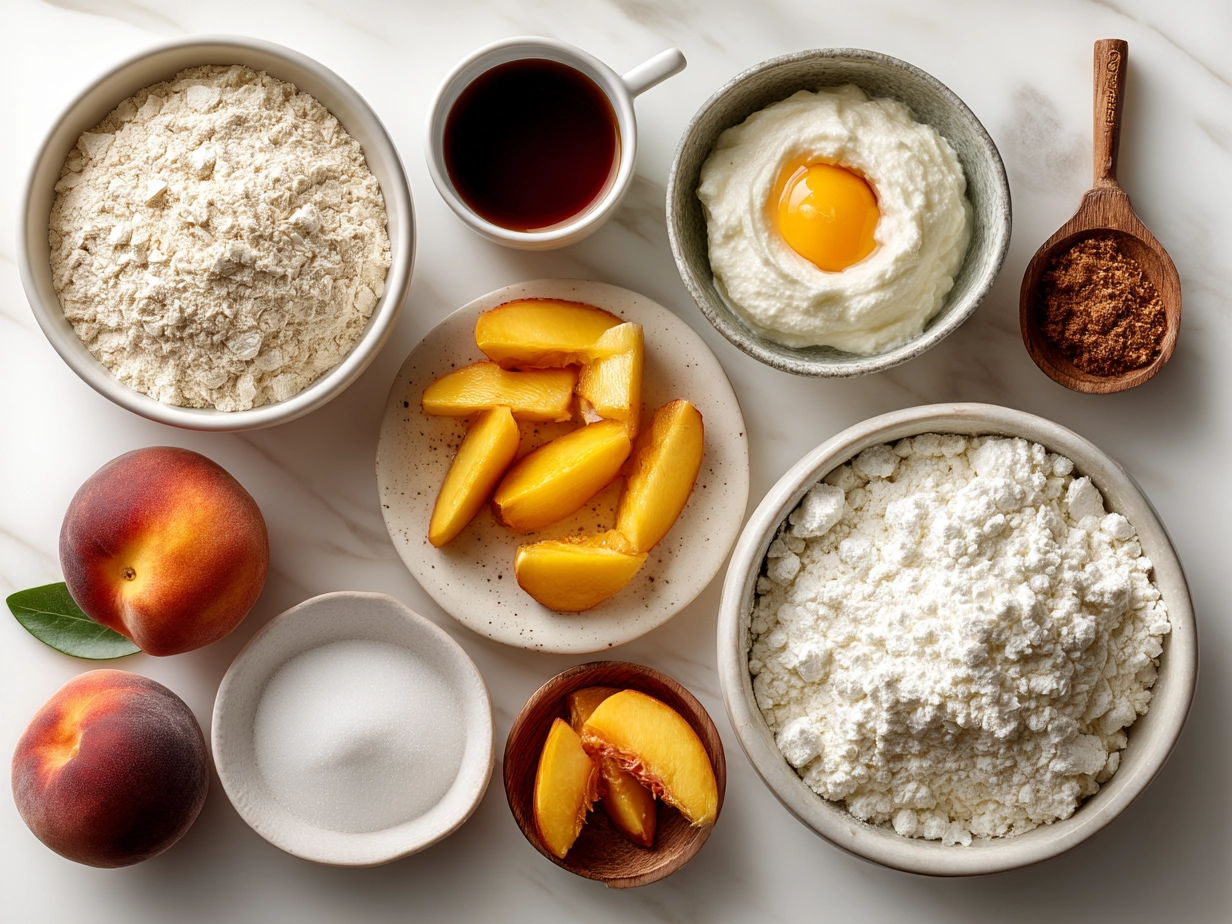 Ingredients for Peach Cobbler Cheesecake including fresh peaches, cream cheese, sugar, cinnamon, and crust components