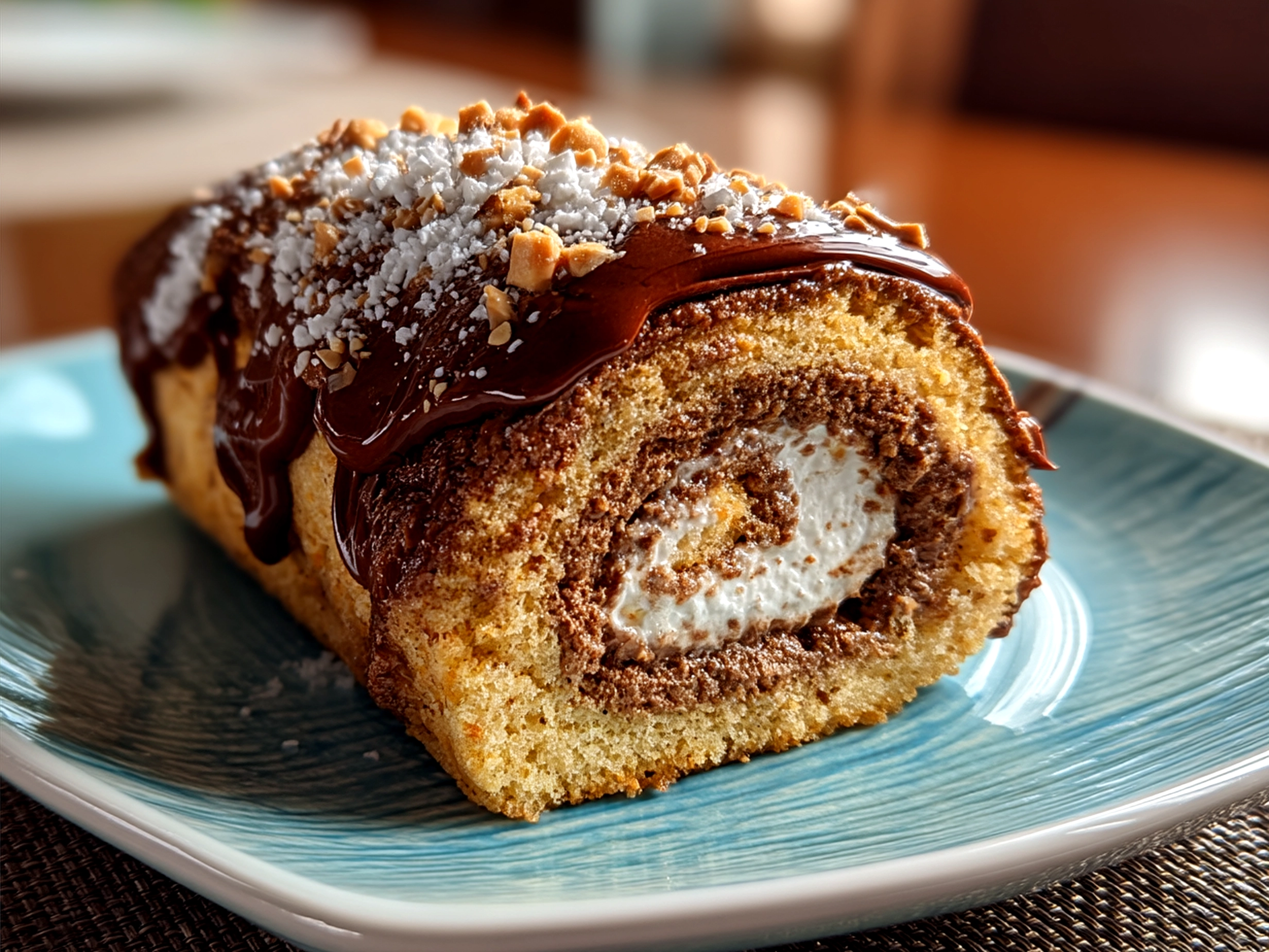 Sliced Peanut Butter Cup Chocolate Roll served on wooden board with fresh berries and a cup of tea