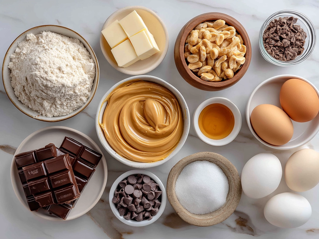 Ingredients for Peanut Butter Cup Chocolate Roll laid out including flour, cocoa powder, eggs, peanut butter, powdered sugar, and cream