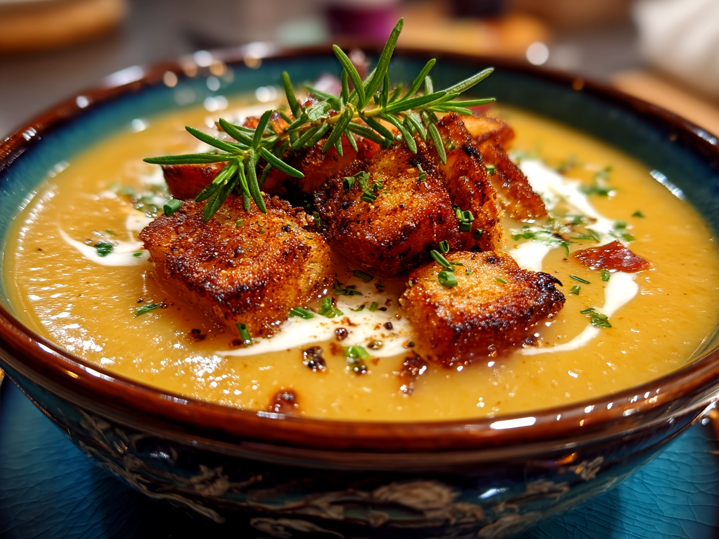 Bowl of creamy potato soup garnished with fresh herbs