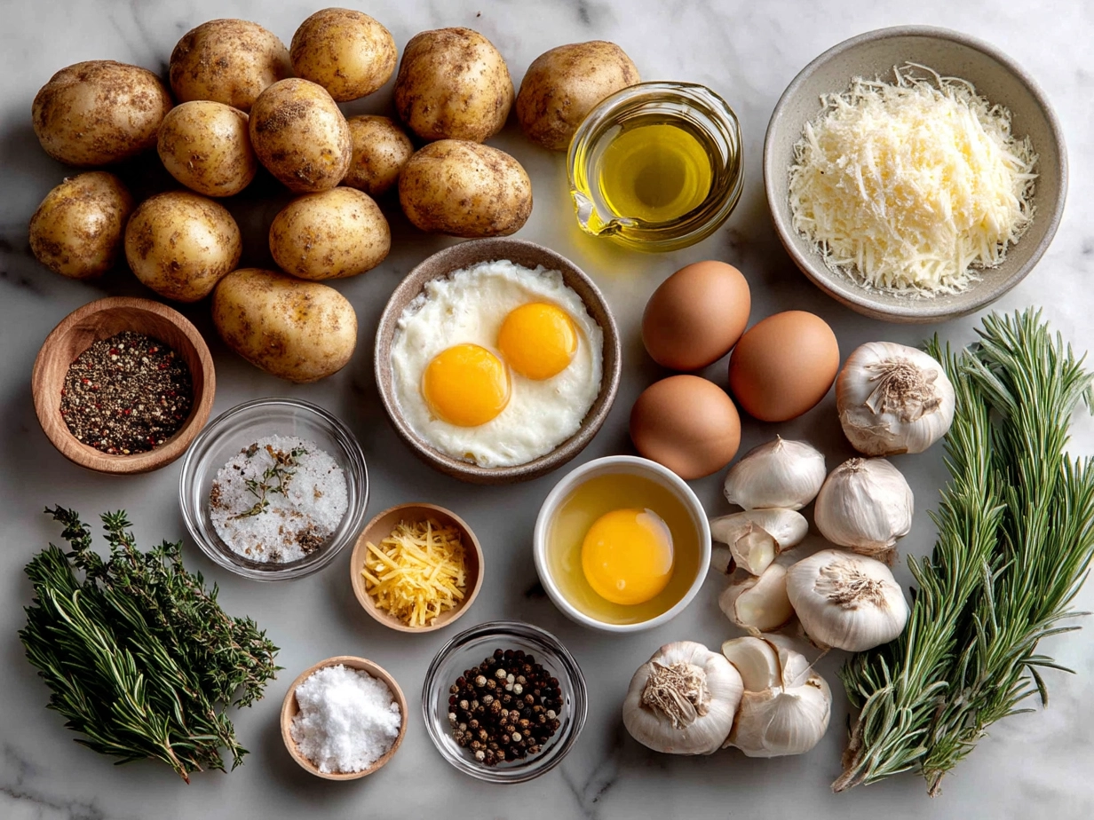 Ingredients for potato soup including potatoes, leek, garlic, broth and milk