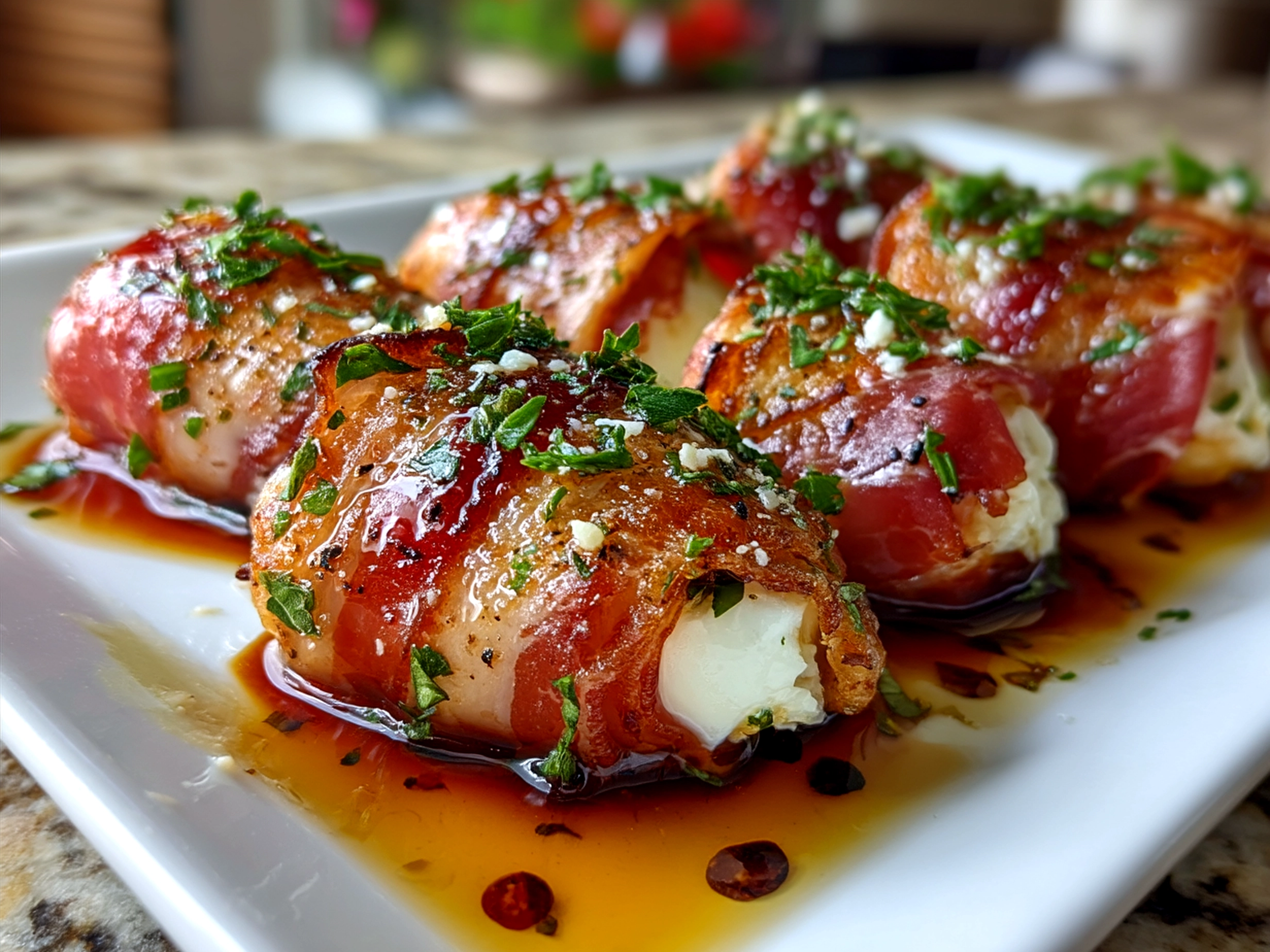 Finished Prosciutto Wrapped Mozzarella Bites served beautifully on a rustic wooden board with herbs and olive oil drizzle