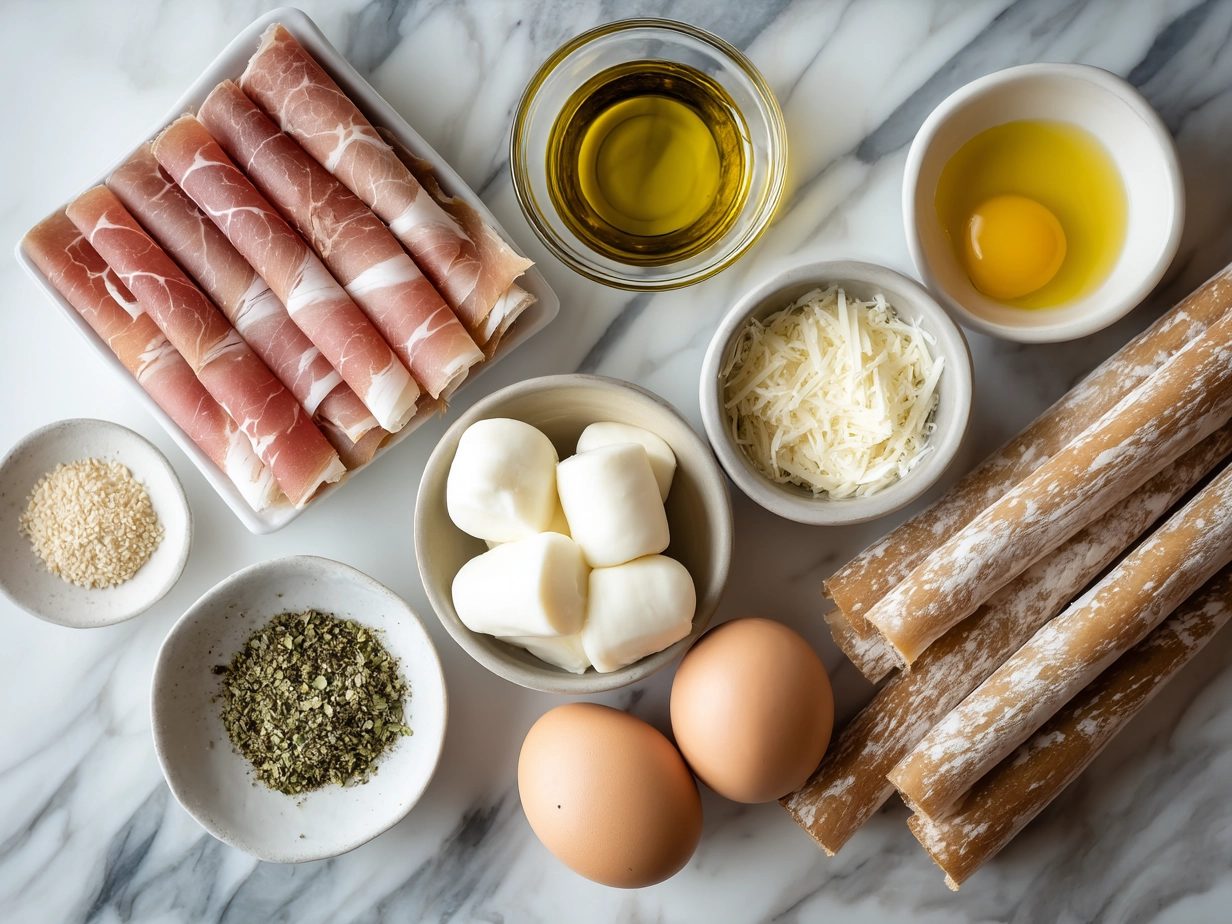 Ingredients for Prosciutto Wrapped Mozzarella Bites including fresh mozzarella balls, prosciutto, basil, olive oil, and black pepper
