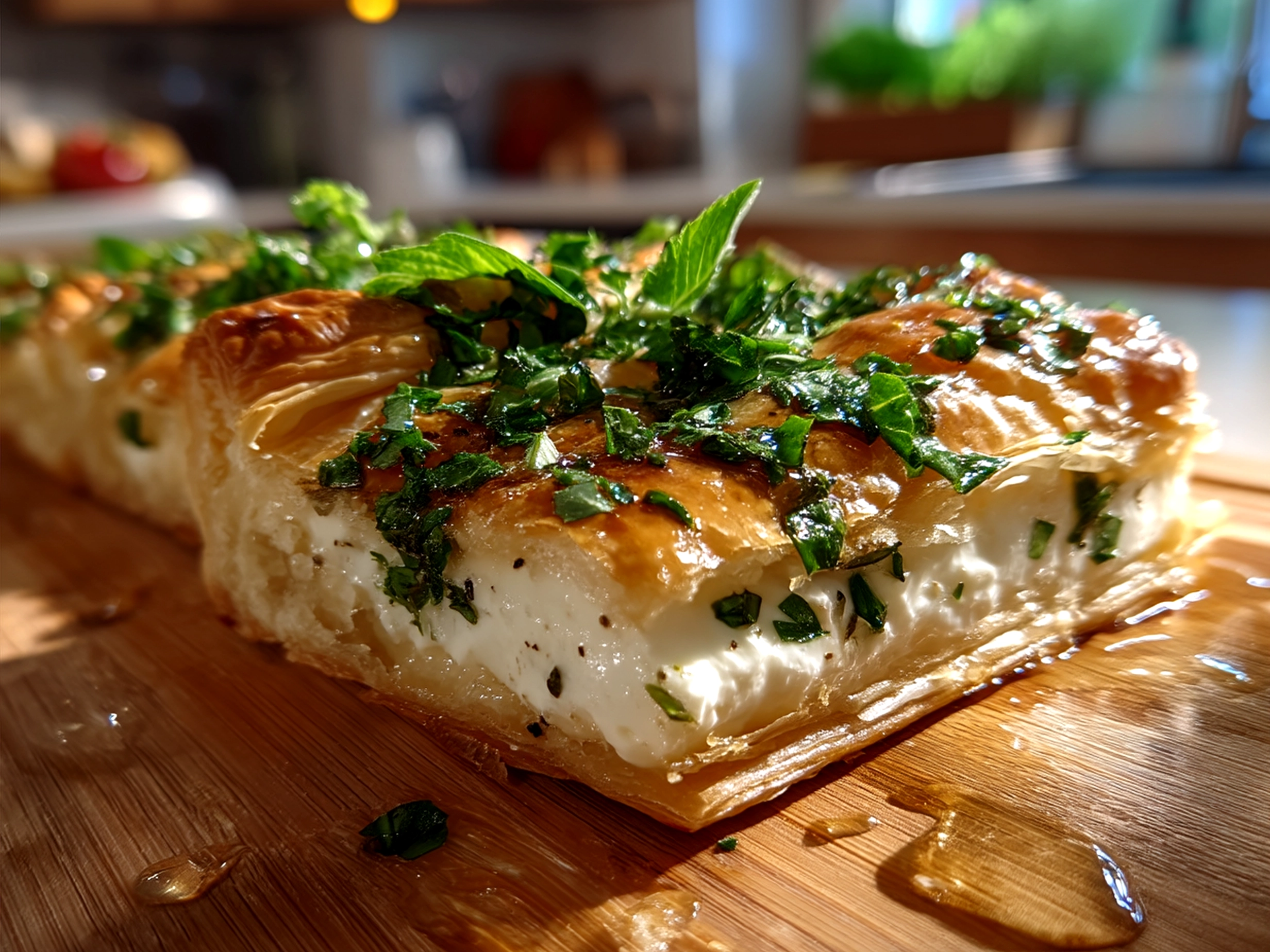 Finished Puff Pastry Caprese tart with basil garnish on wooden board