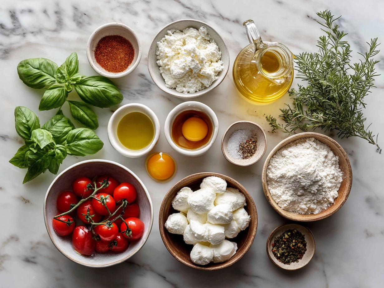Ingredients for Puff Pastry Caprese including tomatoes, mozzarella, basil, and puff pastry