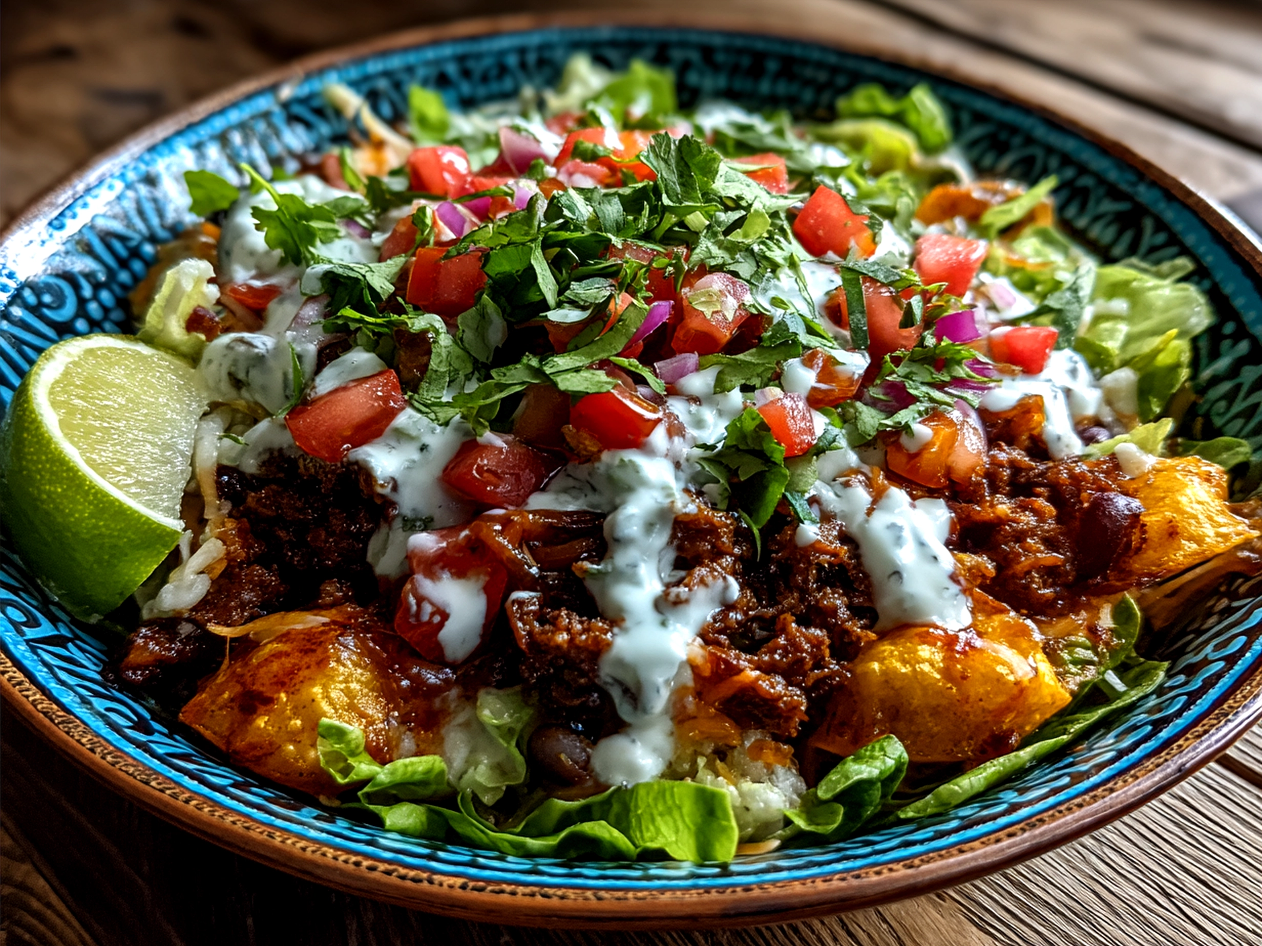 Serve of a Ranch Taco Party Bowl beautifully assembled with quinoa, seasoned meat, fresh vegetables, cheese, and herbs