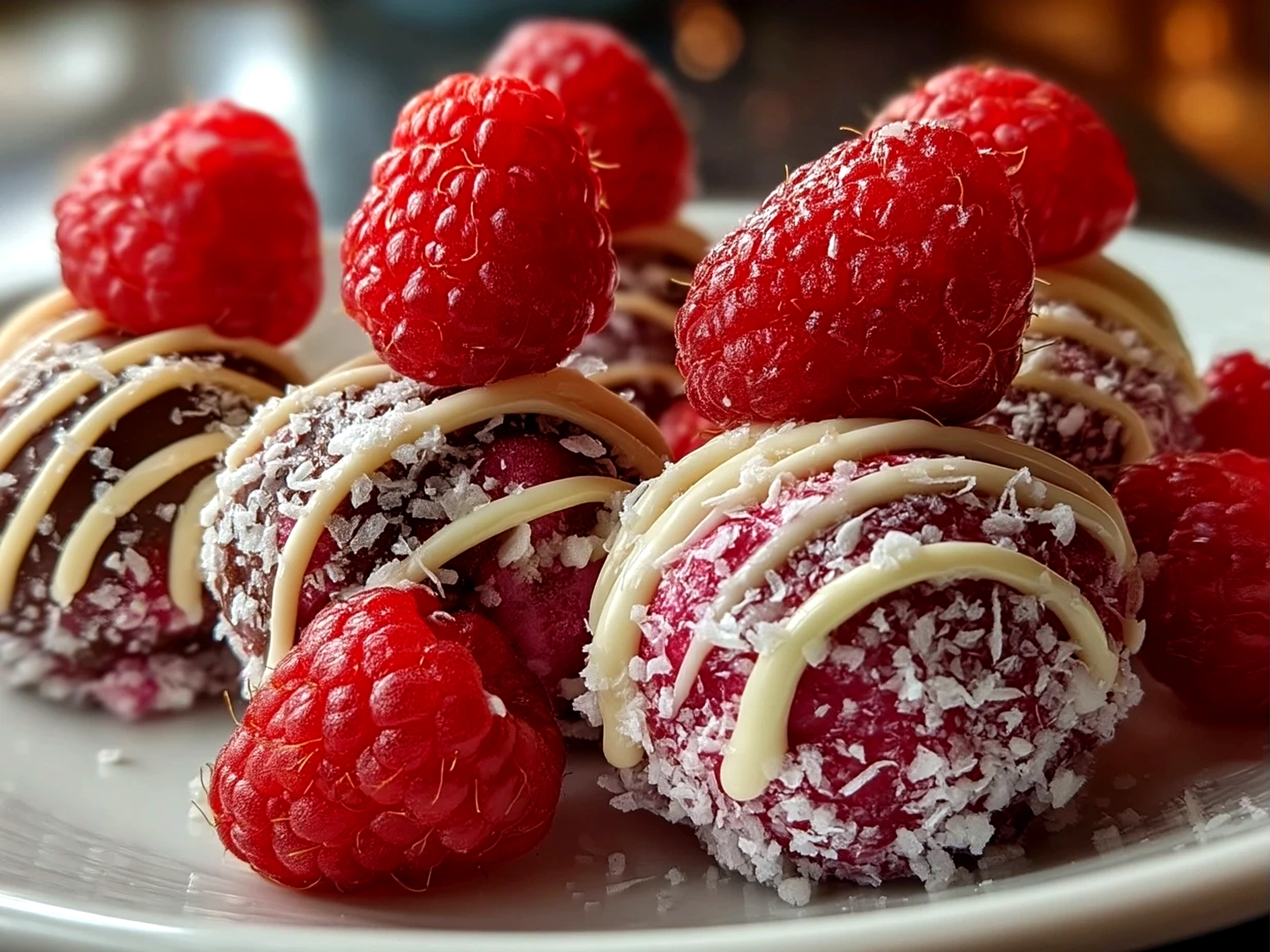 A plate of beautifully coated raspberry cheesecake truffles alongside fresh raspberries