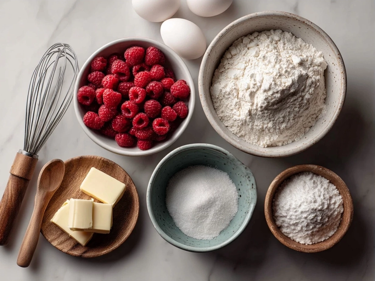 Ingredients for Raspberry Cheesecake Truffles including cream cheese, powdered sugar, vanilla, freeze-dried raspberries, and white chocolate chips