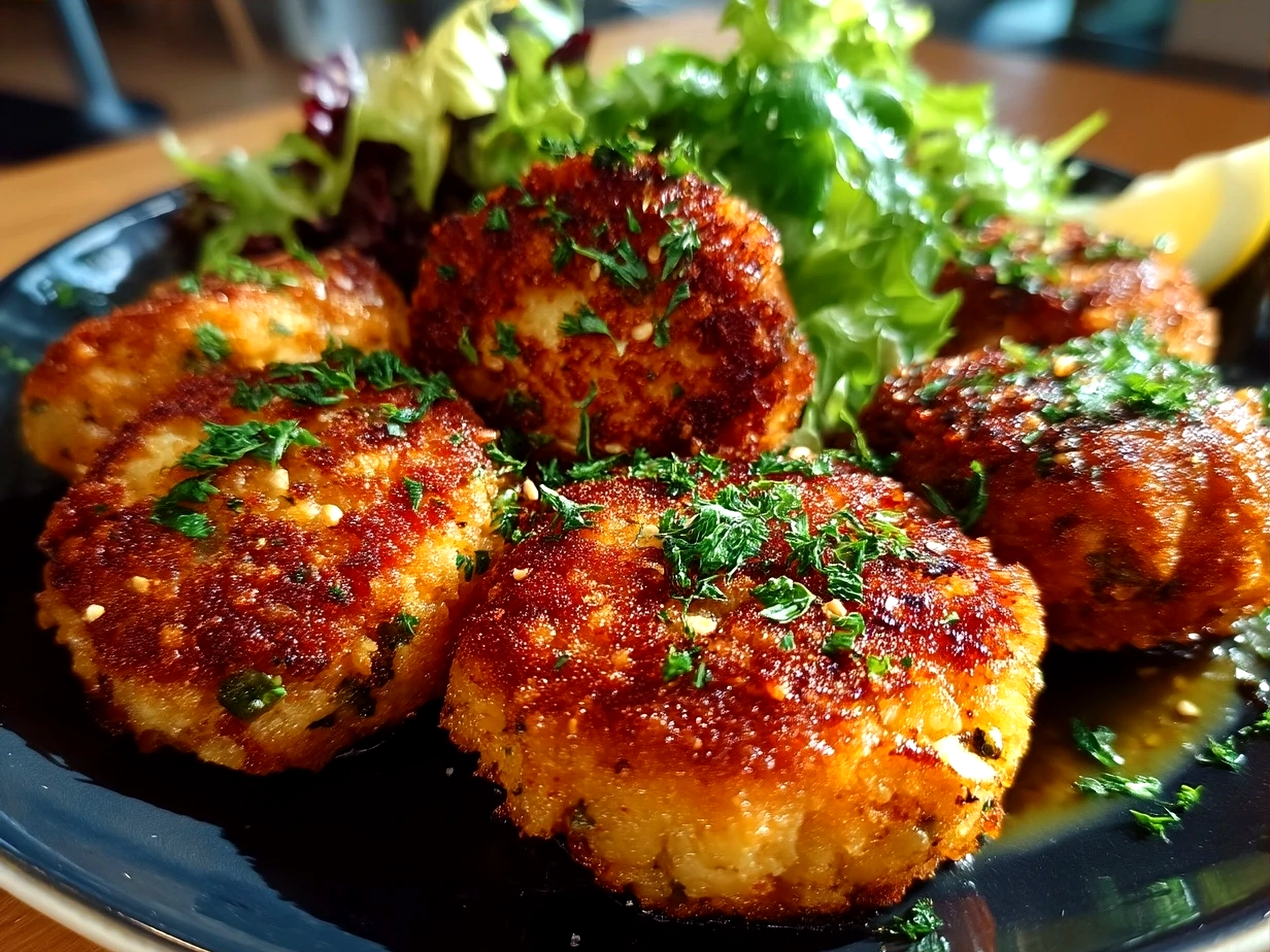 Plated salmon croquettes with side greens ready to serve