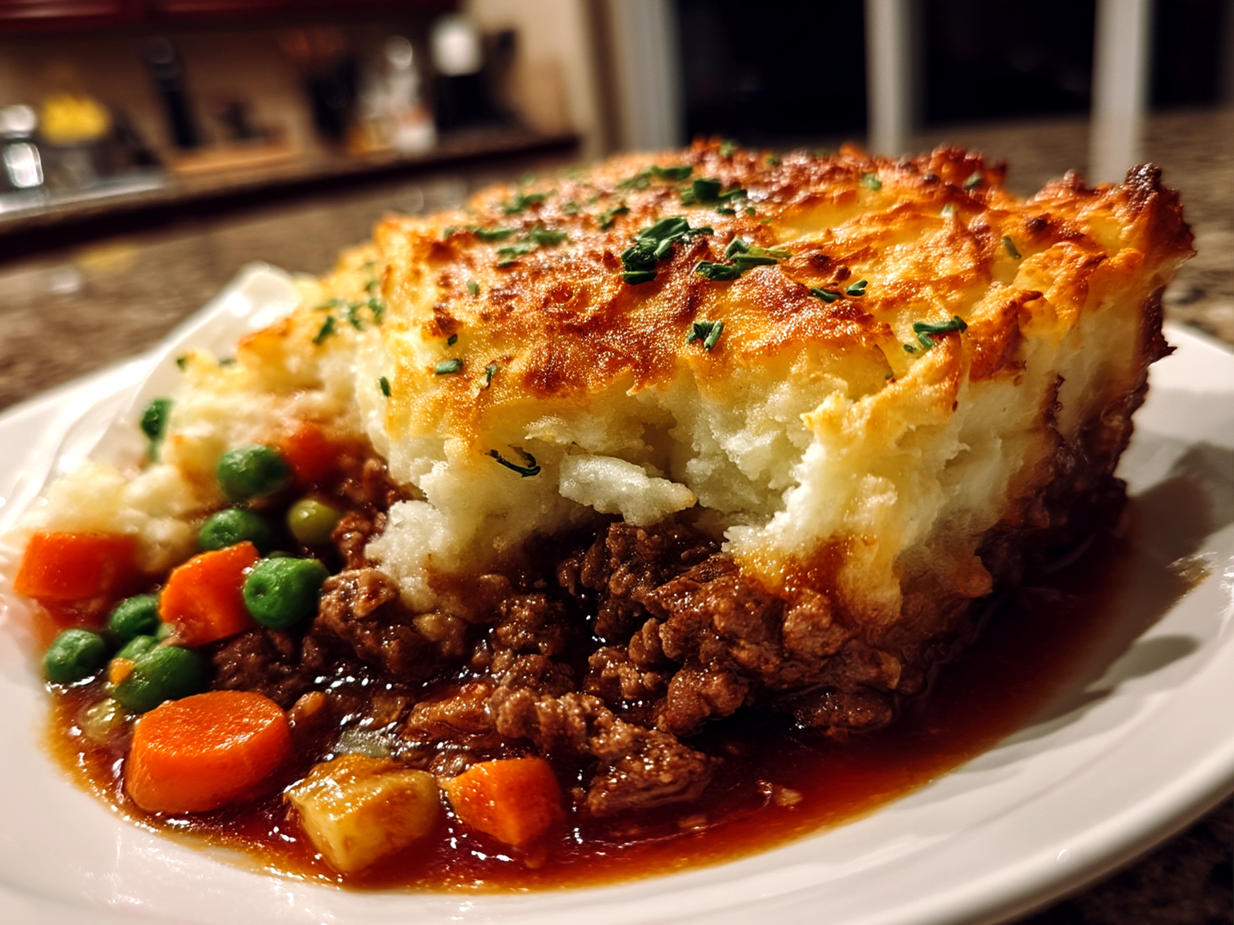Freshly baked Shepherds Pie with golden mashed potato topping ready to serve