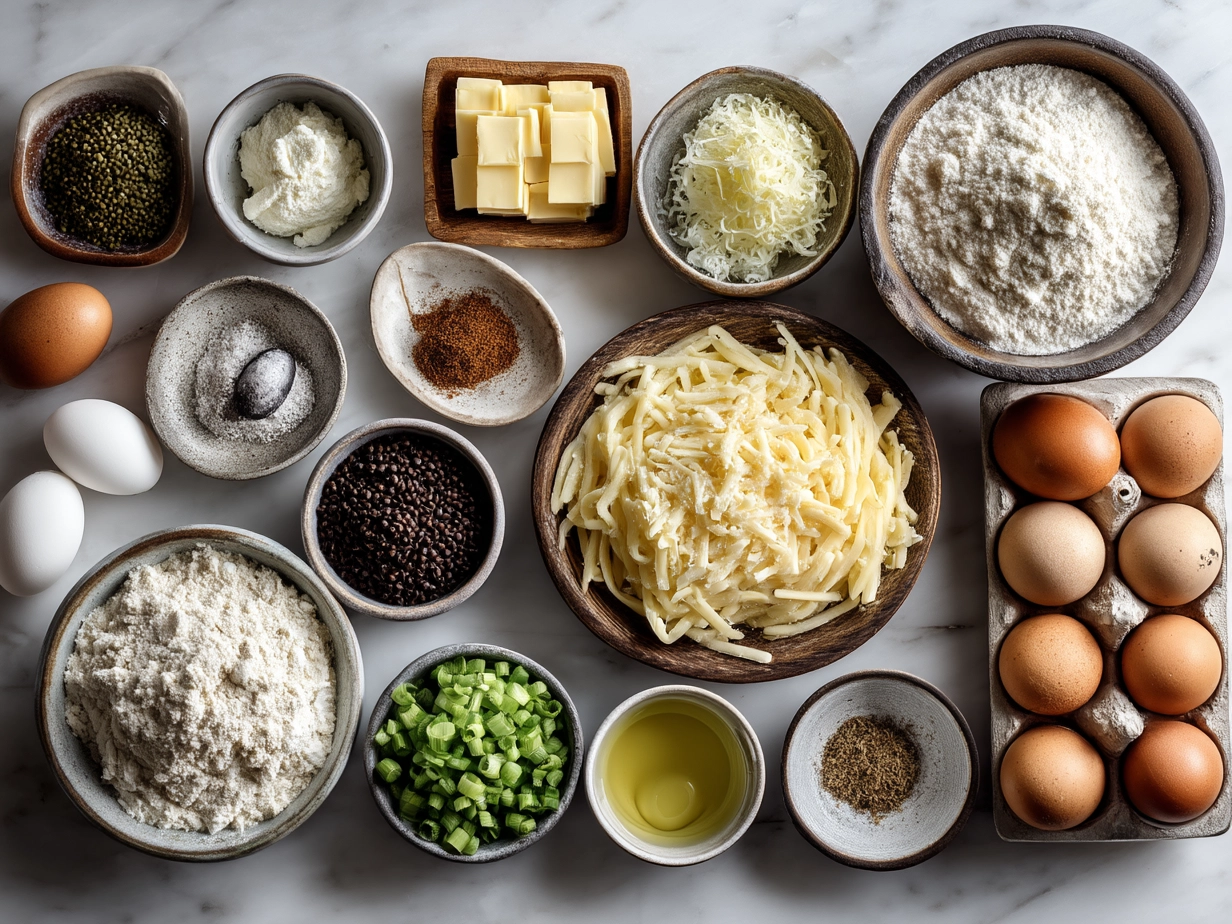 Ingredients laid out for making Shepherds Pie including ground lamb, onions, carrots, peas, tomato paste, broth, and mashed potatoes