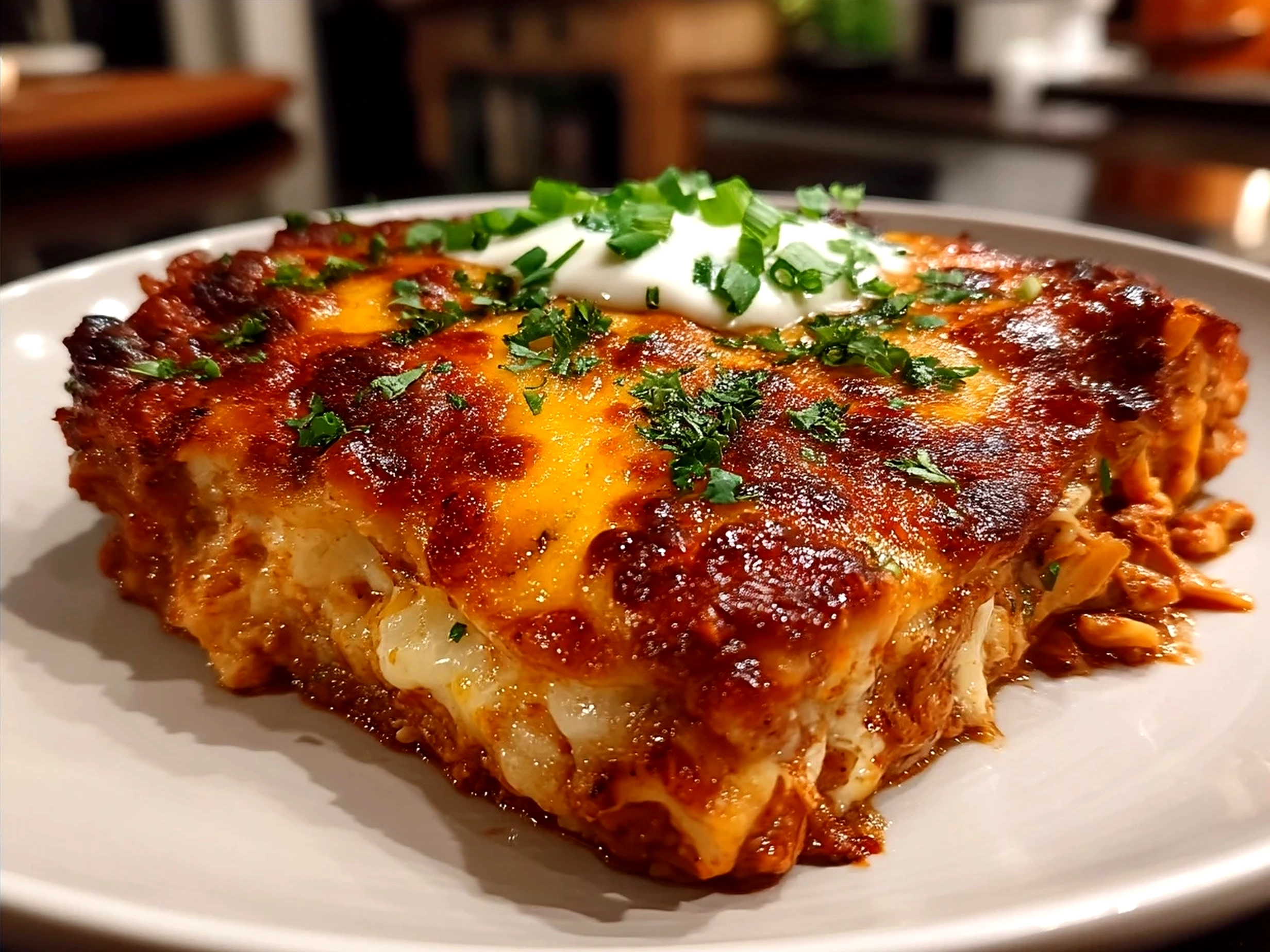 A serving of Shredded Chicken Enchilada Casserole with melted cheese and fresh cilantro garnish on a plate