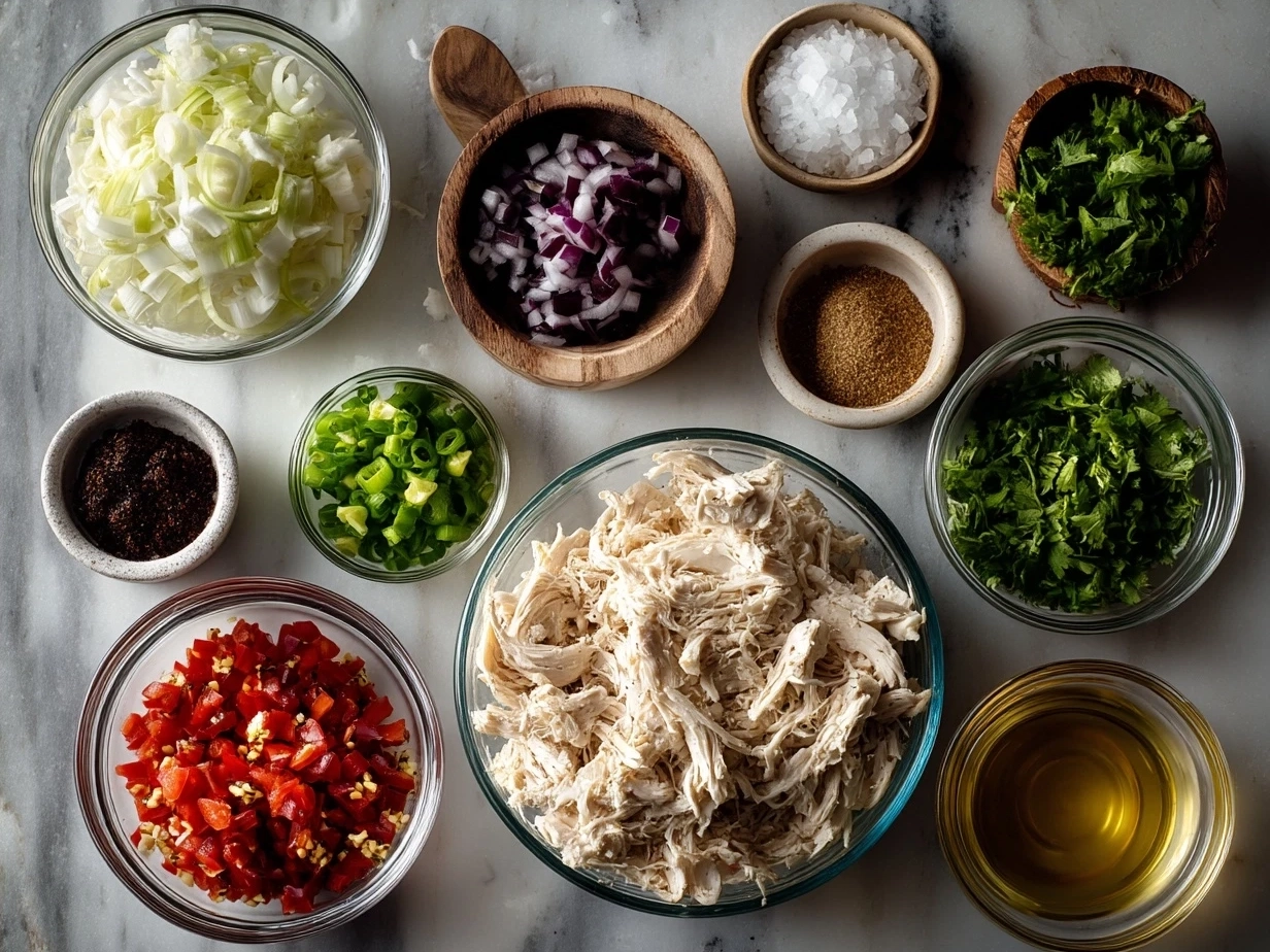 Ingredients laid out for Shredded Chicken Enchilada Casserole including shredded chicken, enchilada sauce, black beans, corn, cheese, tortillas, onion, and cilantro