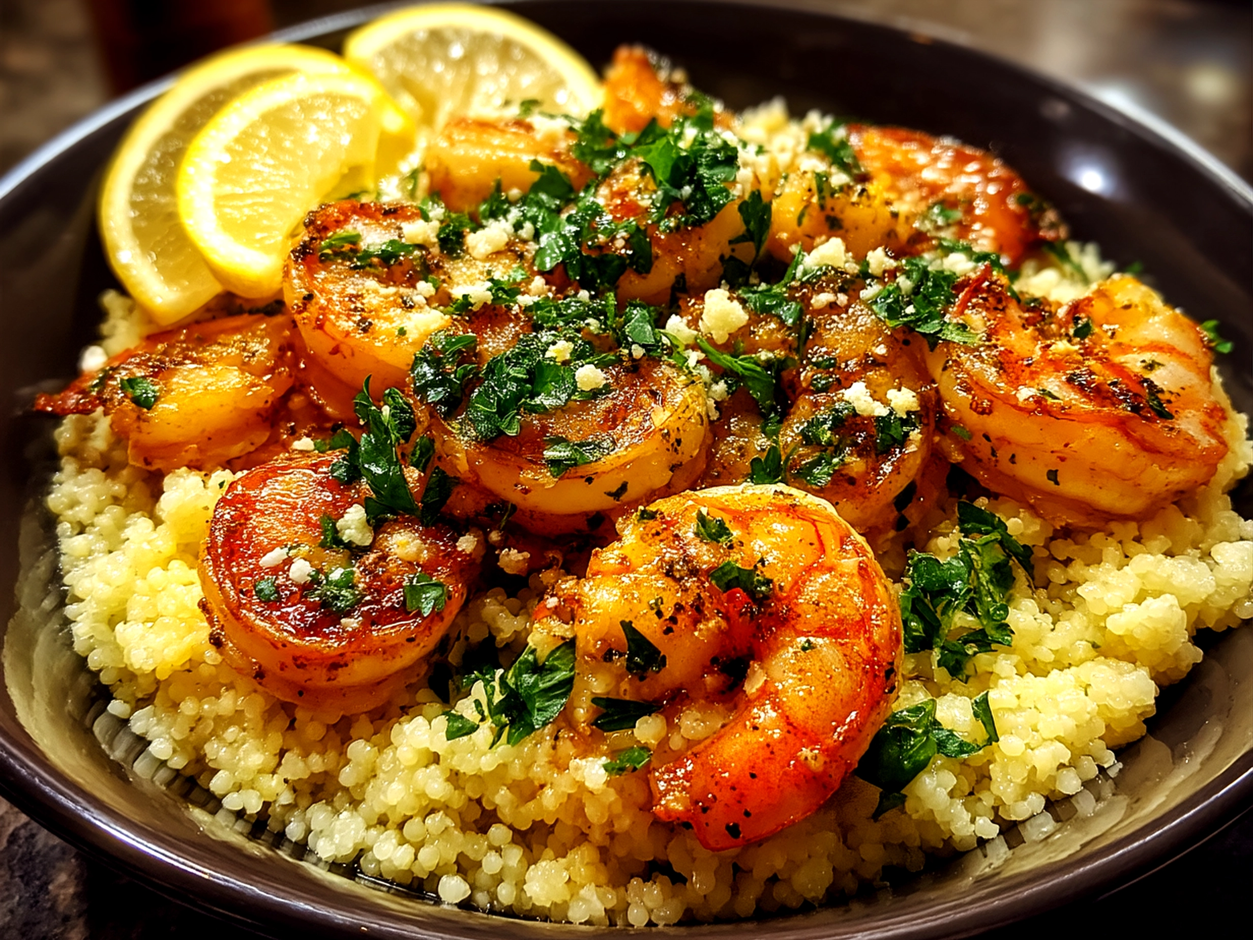 Plated Shrimp Scampi Nourish Bowl with vibrant vegetables and parsley garnish