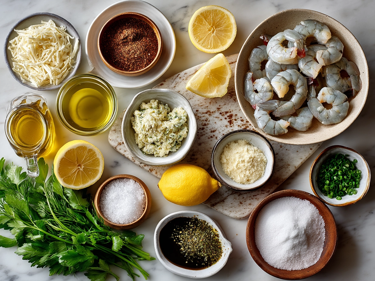 Ingredients for Shrimp Scampi Nourish Bowl neatly arranged on a wooden surface