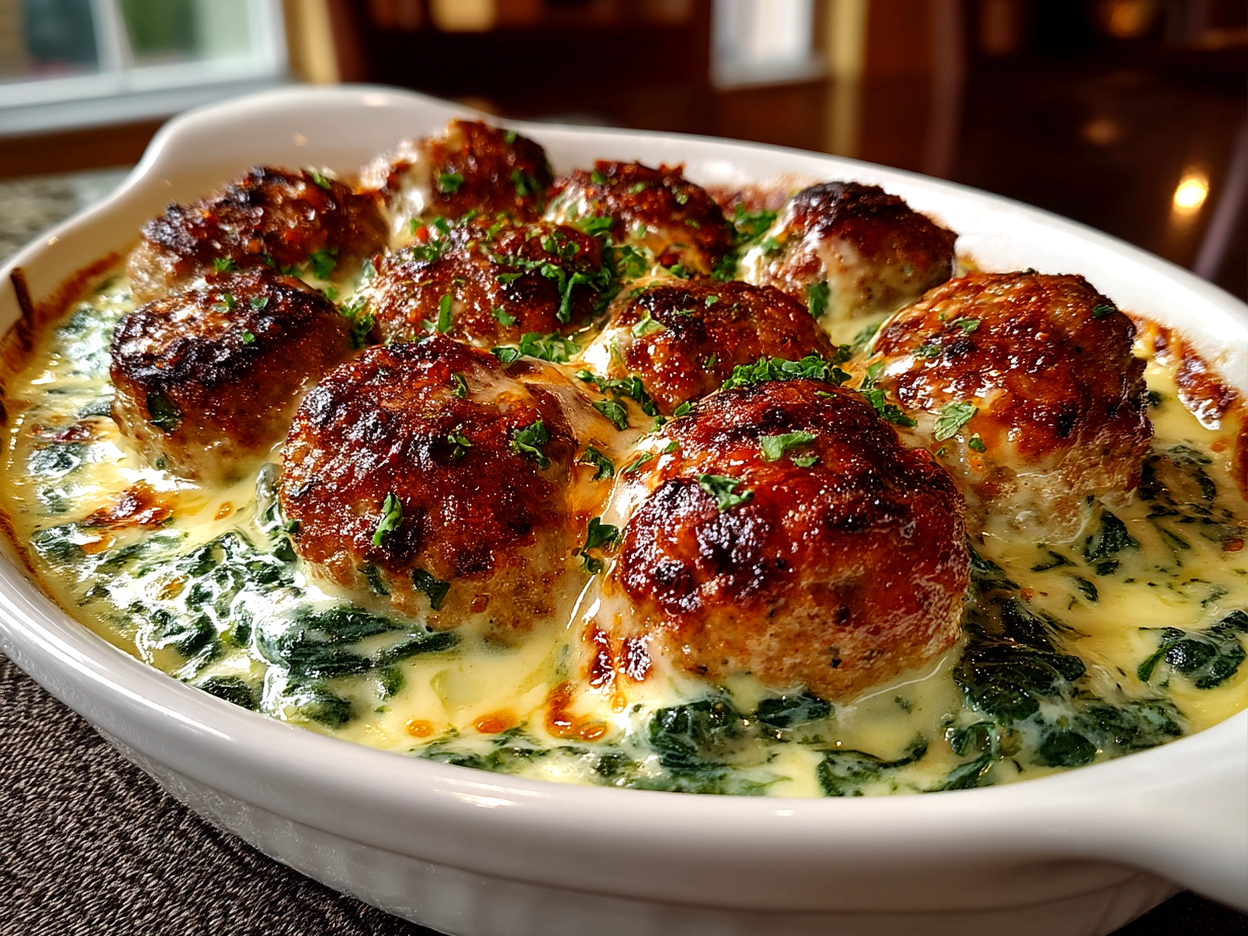 Slight angle close up of finished baked chicken ricotta meatballs with creamy spinach alfredo sauce