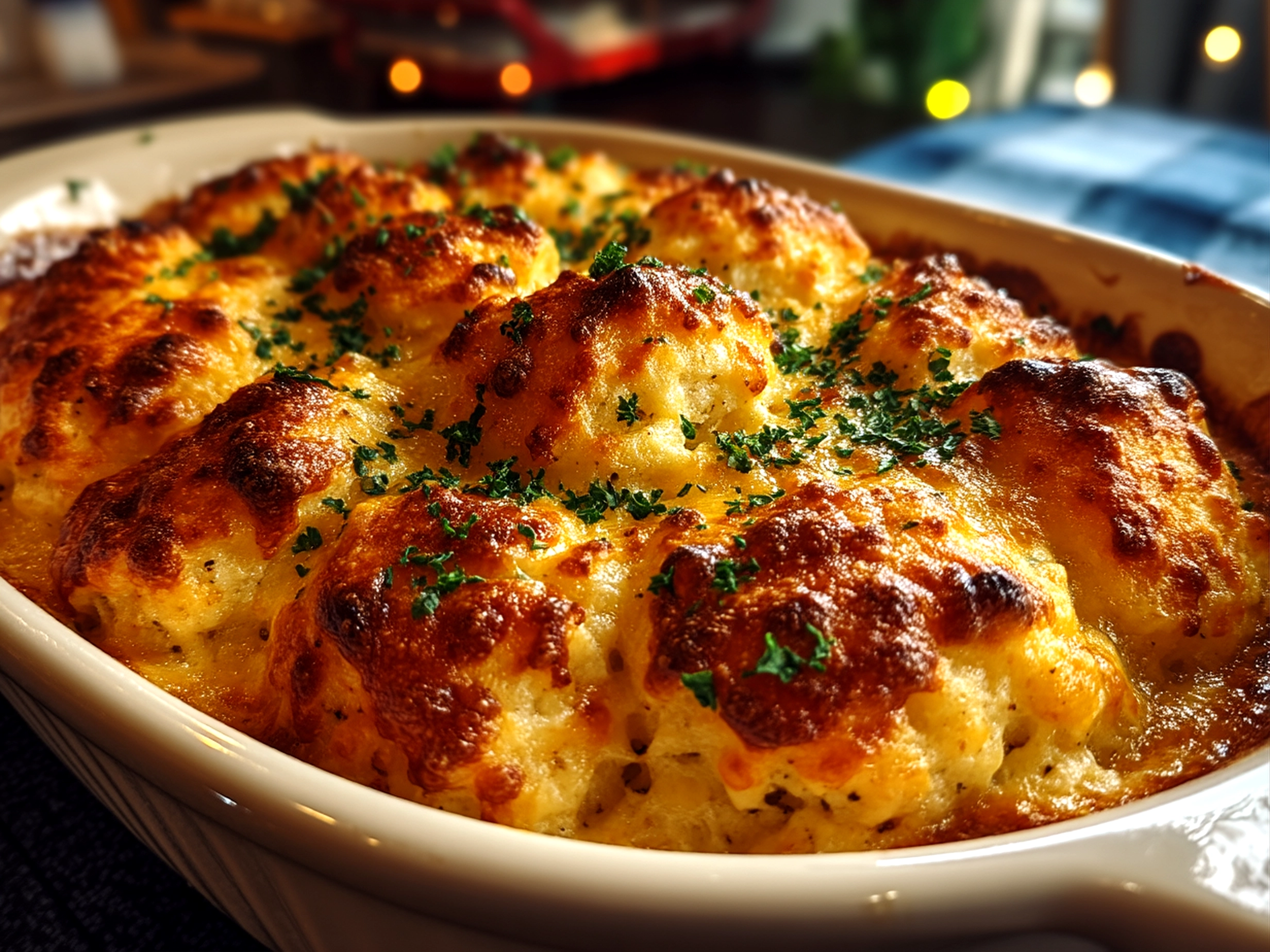 Slight angle close-up of finished comforting baked cheesy dumpling casserole