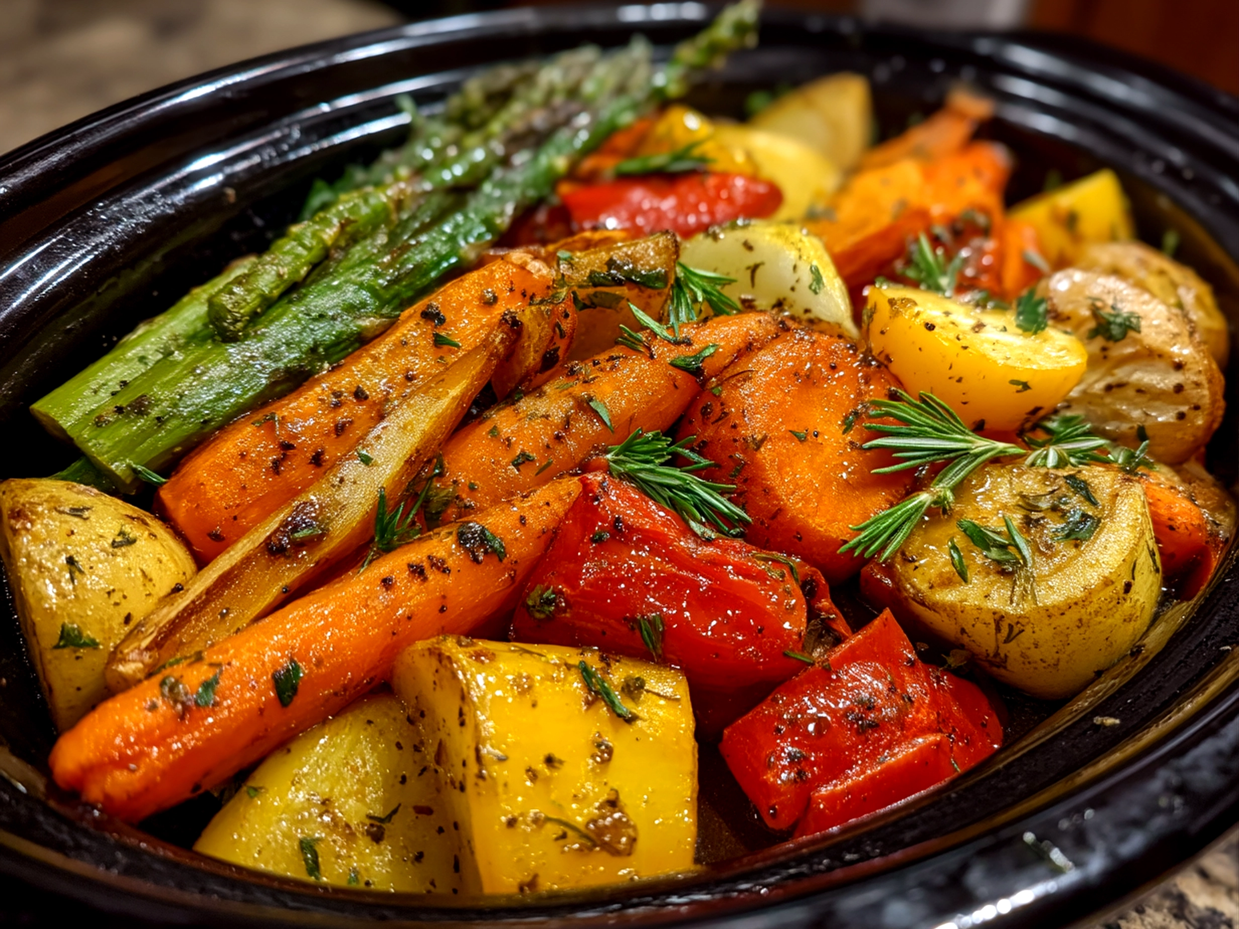 Close up of finished comforting slow cooker roasted fall vegetables