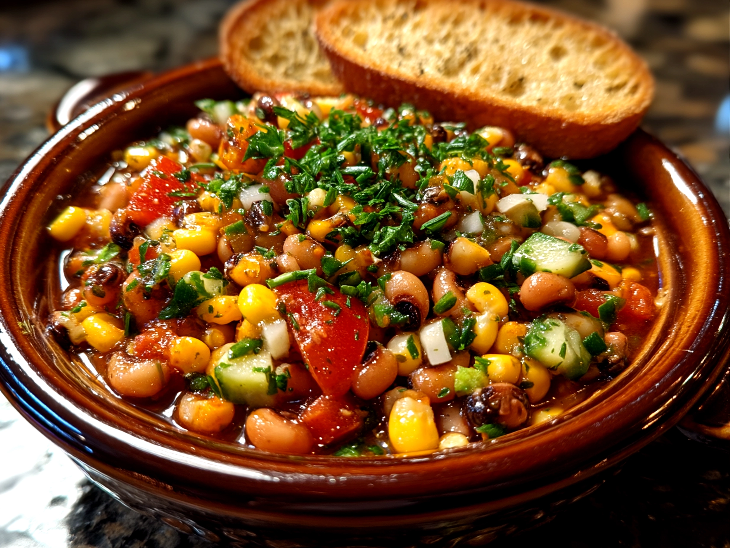 Slight angle close-up of finished Cowboy Caviar in a bowl