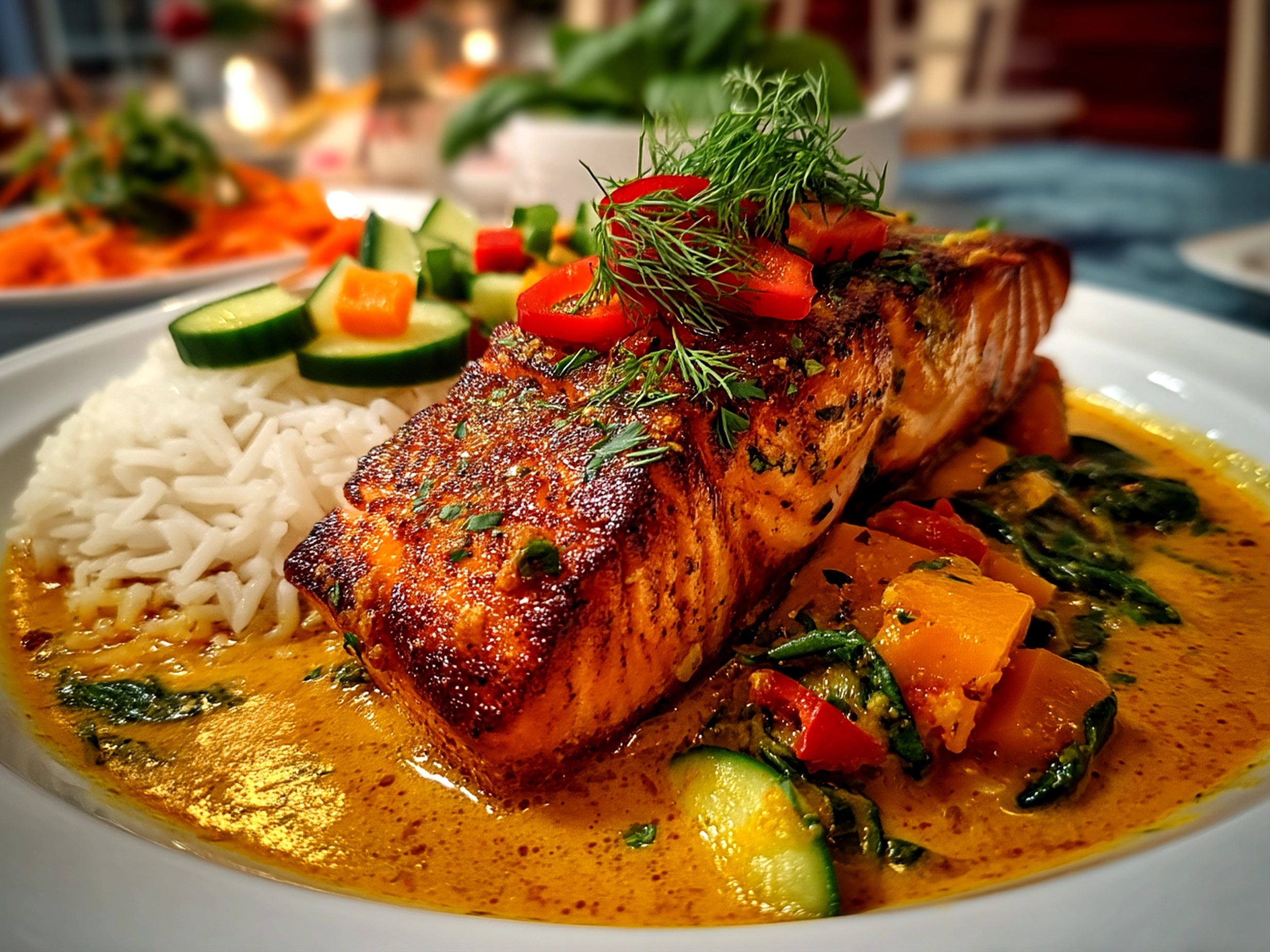 Slight angle close-up of finished delicious Caribbean-Style Coconut Curry Salmon