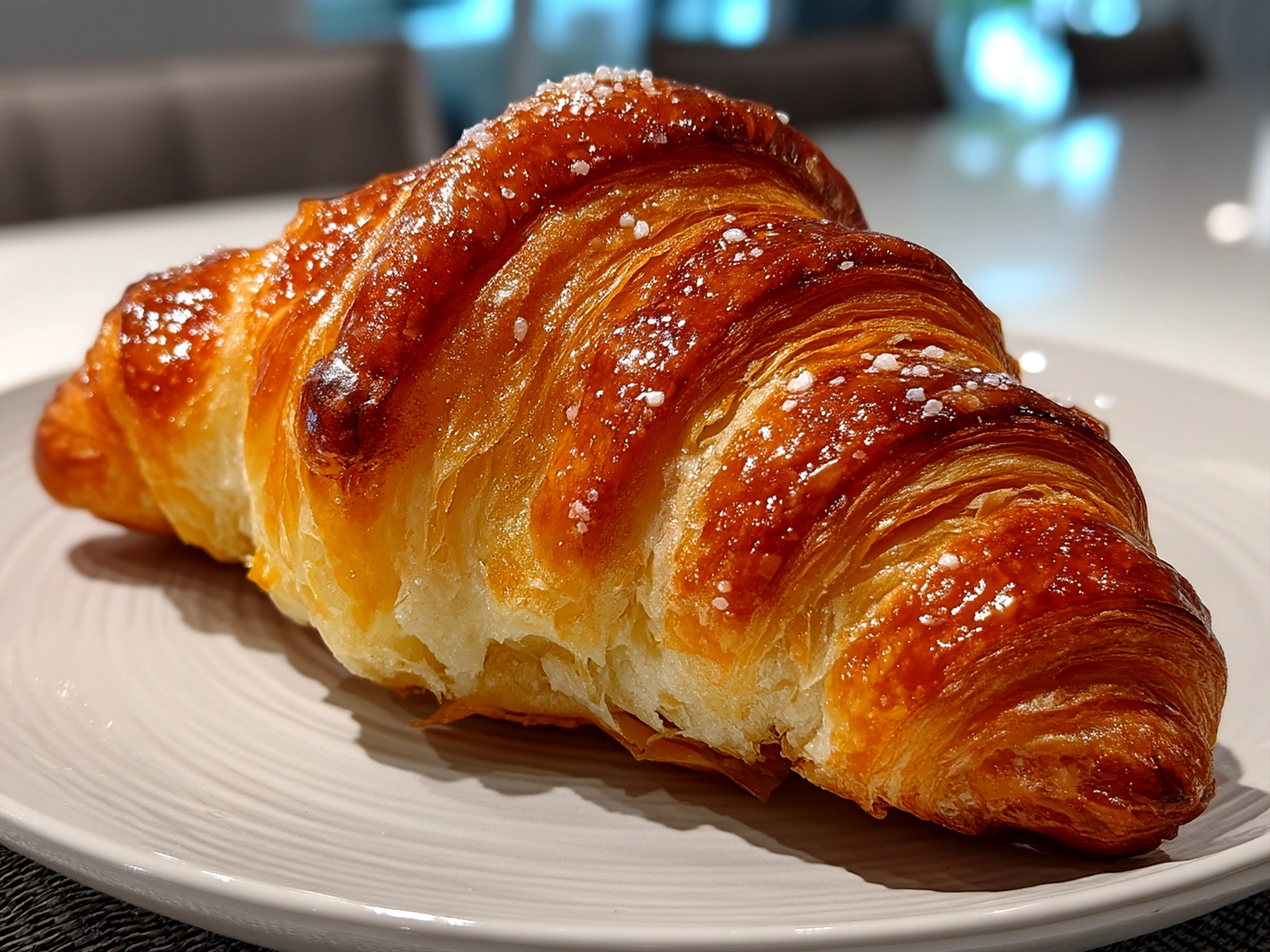 Slight angle close-up of a finished French Croissant with golden flaky layers