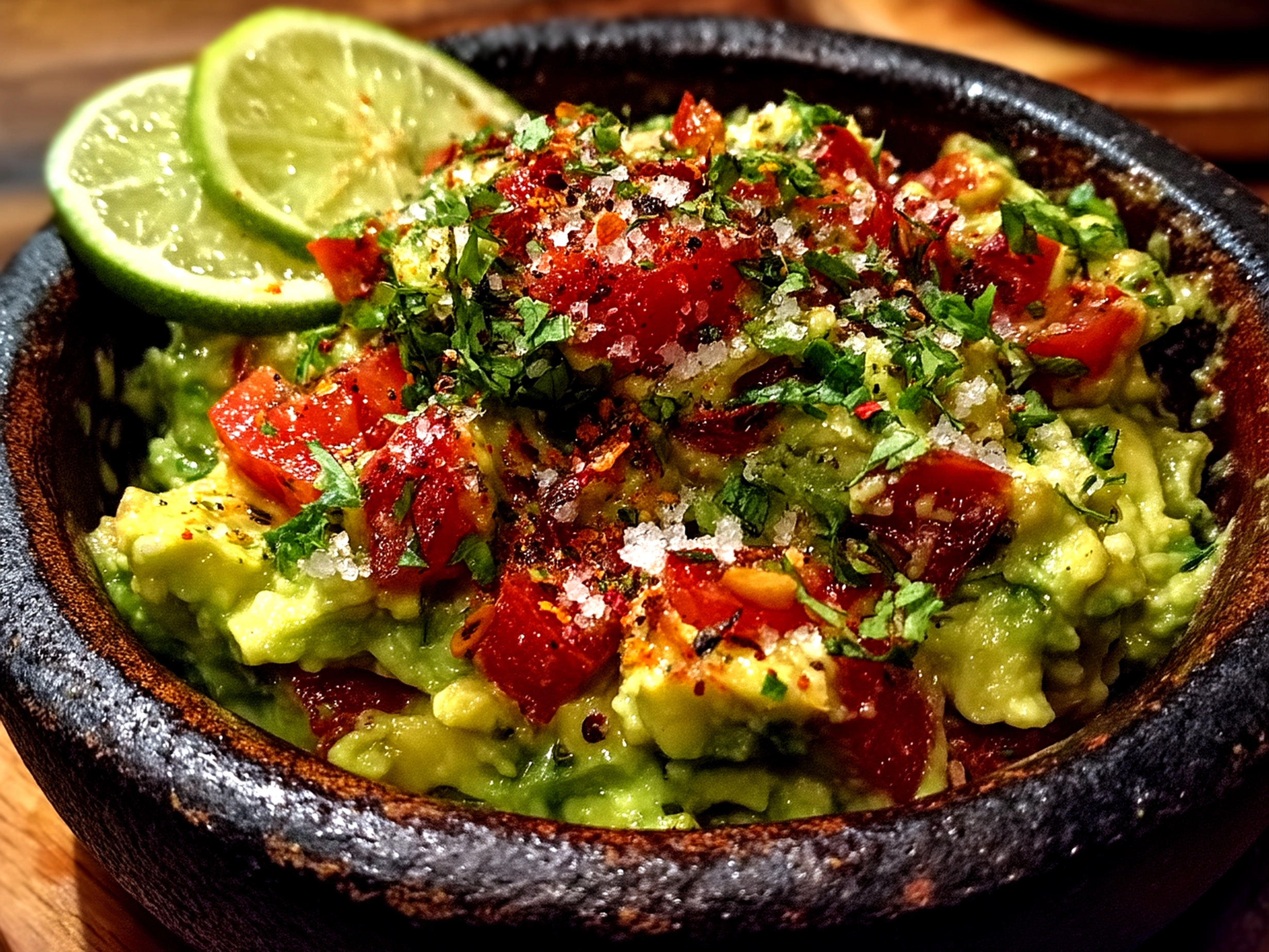 Slight angle close up of finished guacamole