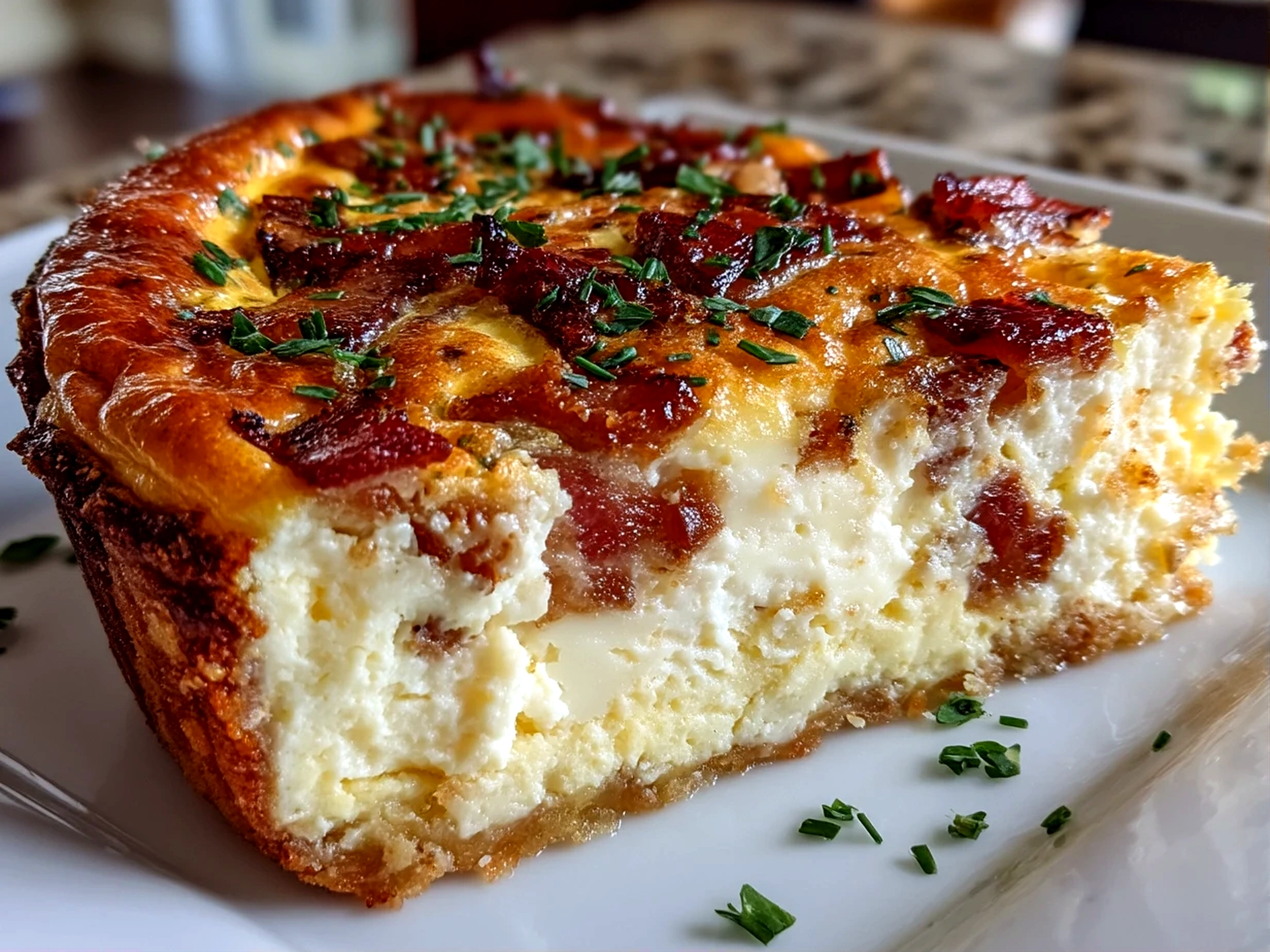 Slight angle close-up of finished homemade crustless bacon cheese quiche