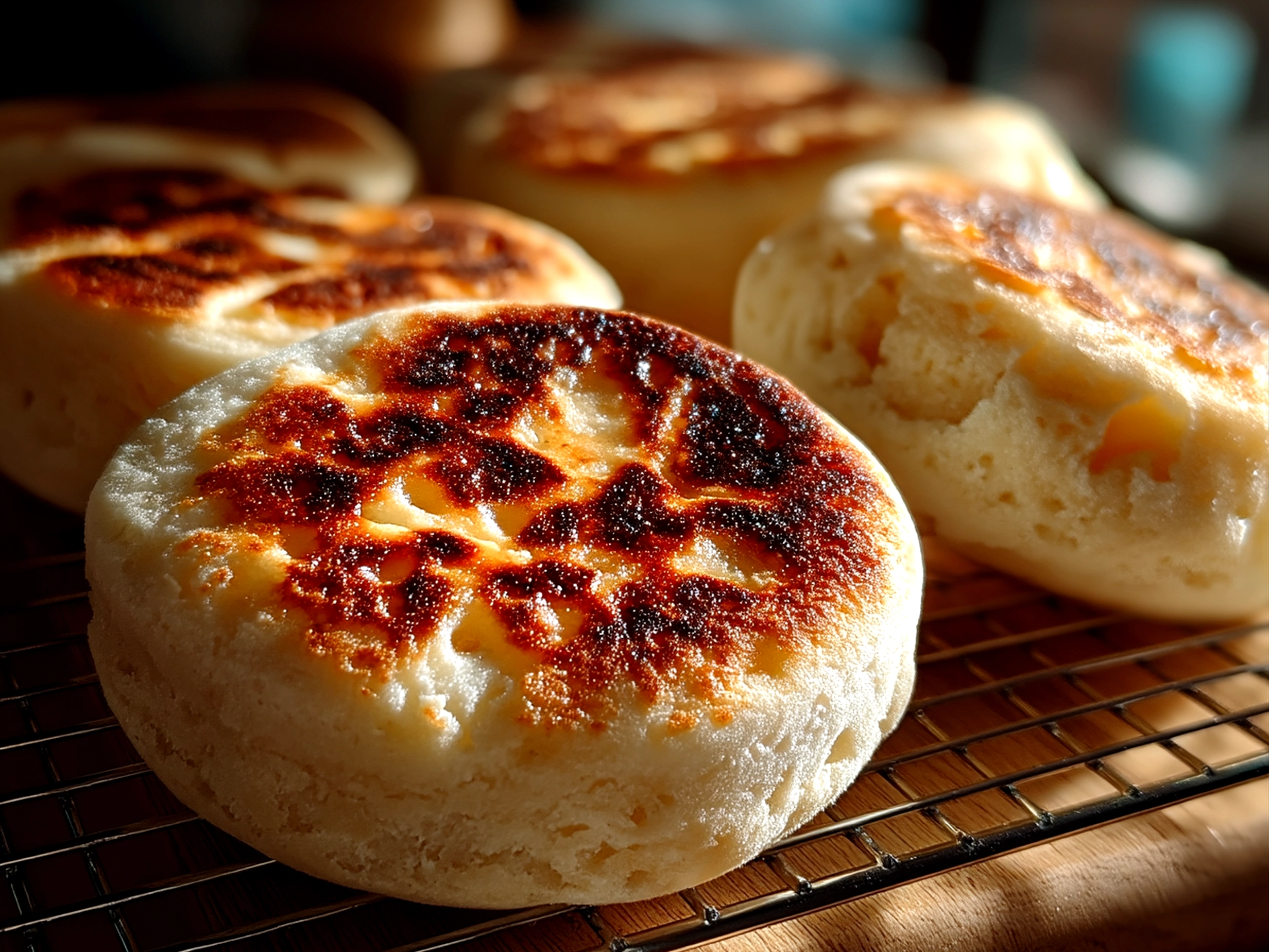 Slight angle close up of finished sourdough discard English muffins