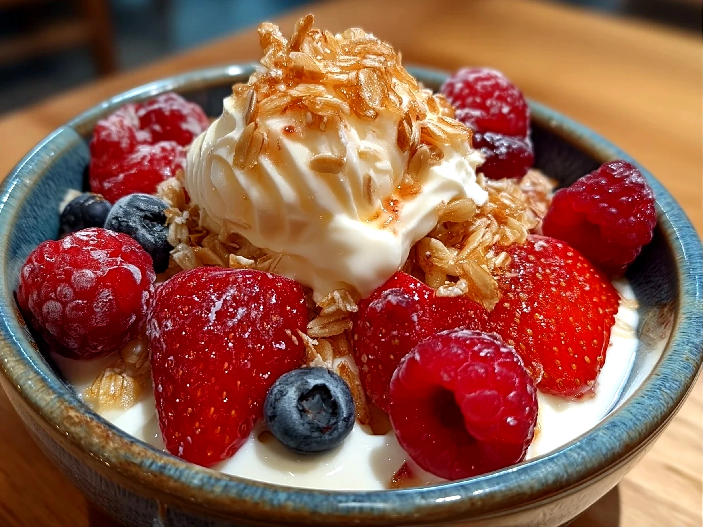 Slight angle close-up of finished Valentine Treats Greek Yogurt Bowl showing heart-shaped strawberry toppings, blueberries, granola and mint leaf garnish