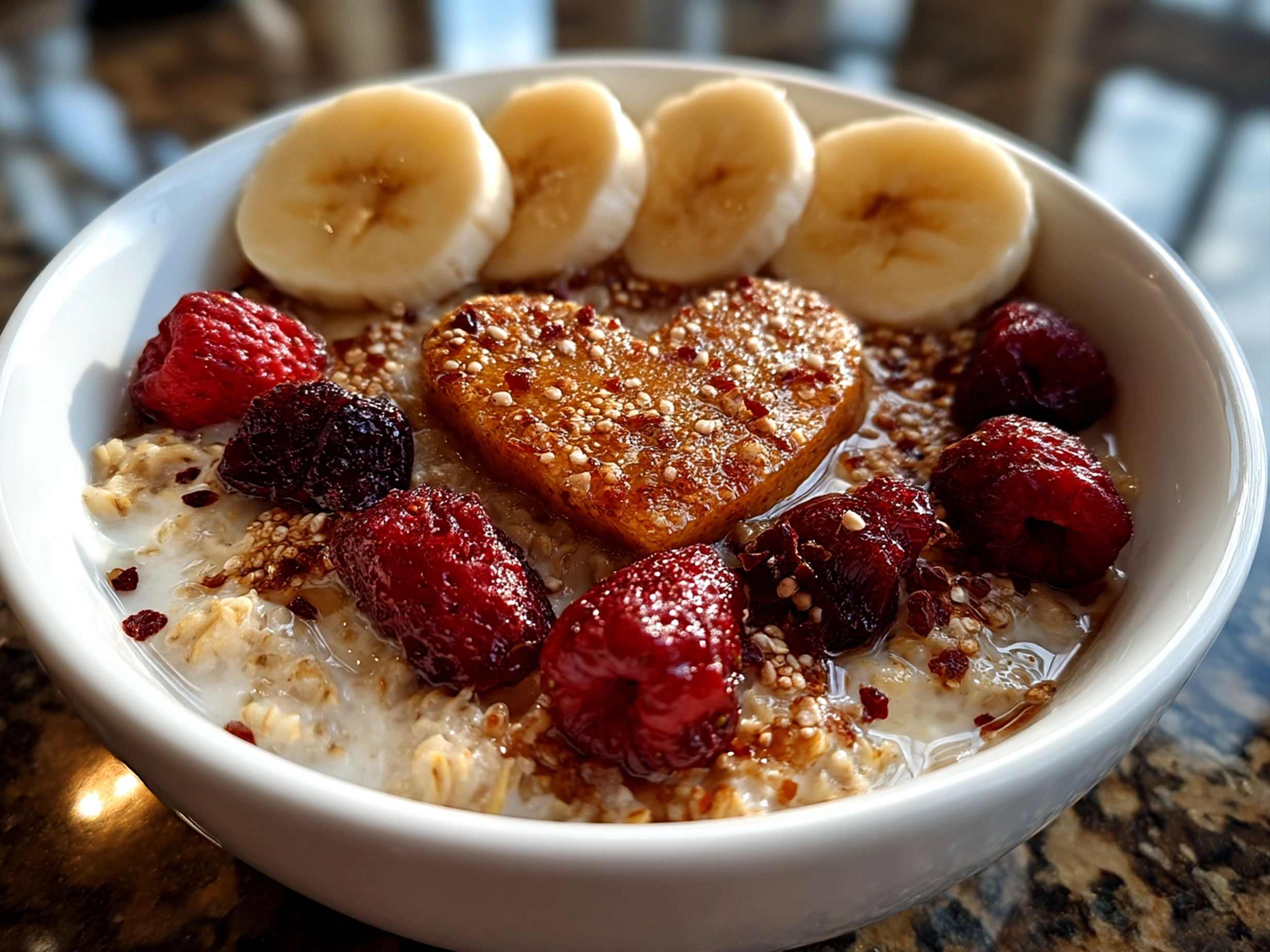 Slight angle close-up of a finished Valentines Oatmeal Bowl with banana slices and fresh berries