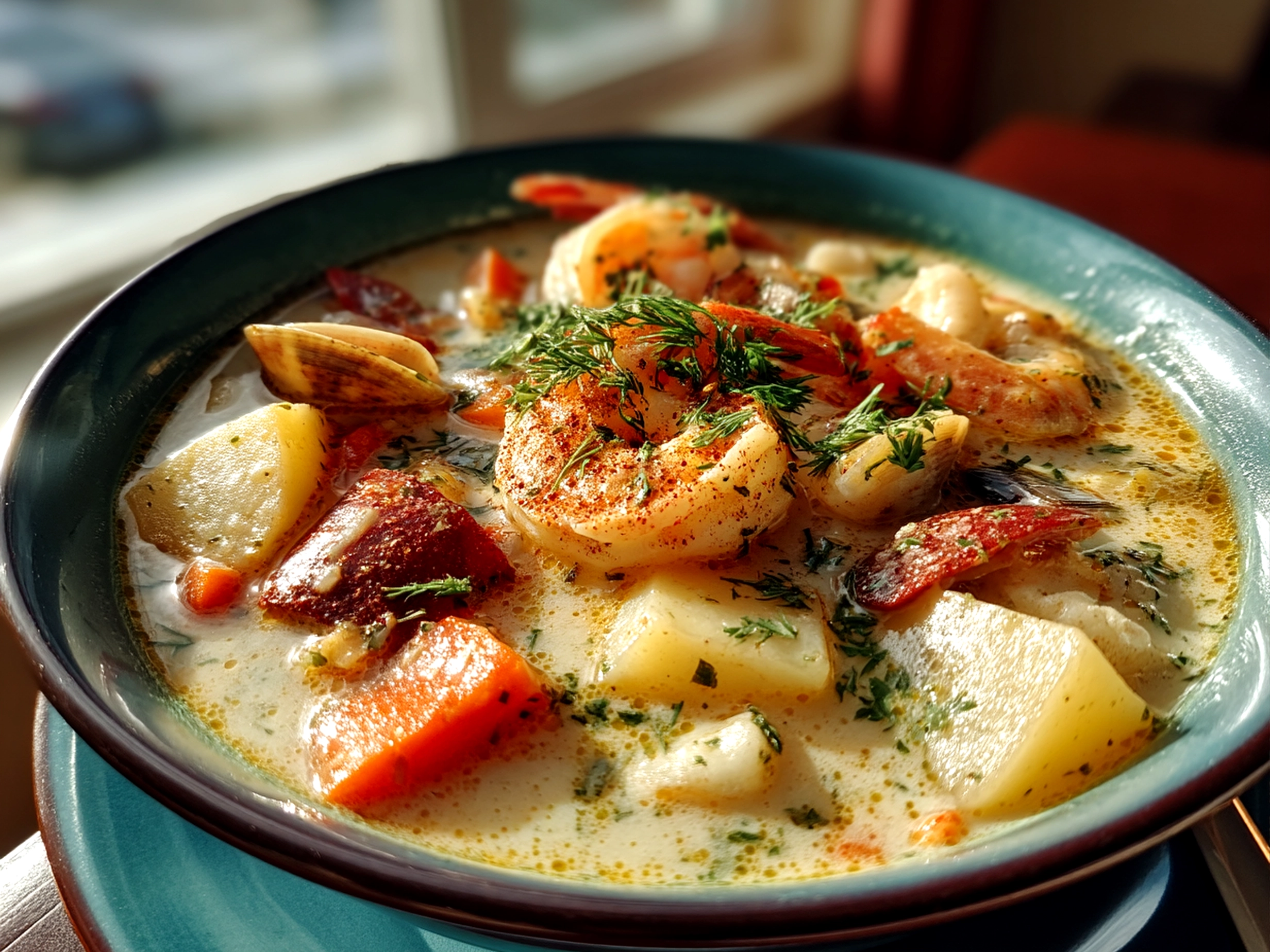 Slight angle close up of finished Nova Scotia Seafood Chowder in a warm bowl