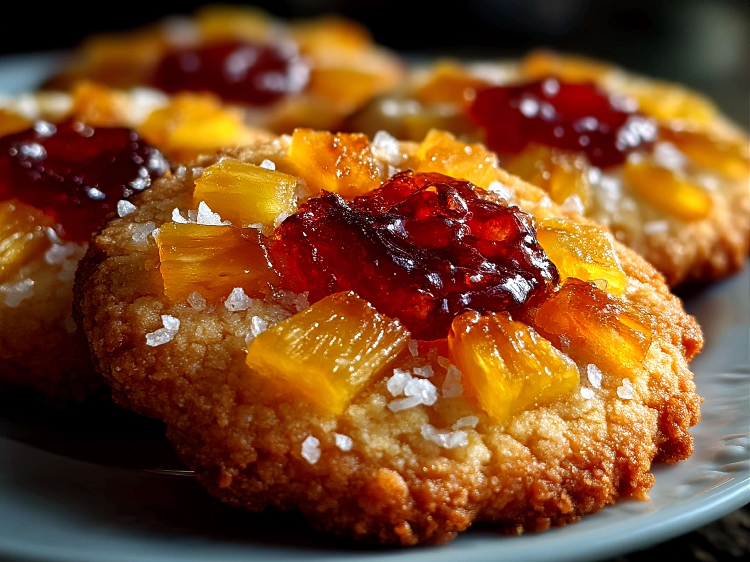 Slight angle close up of finished Pineapple Upside Down Sugar Cookies on a plate