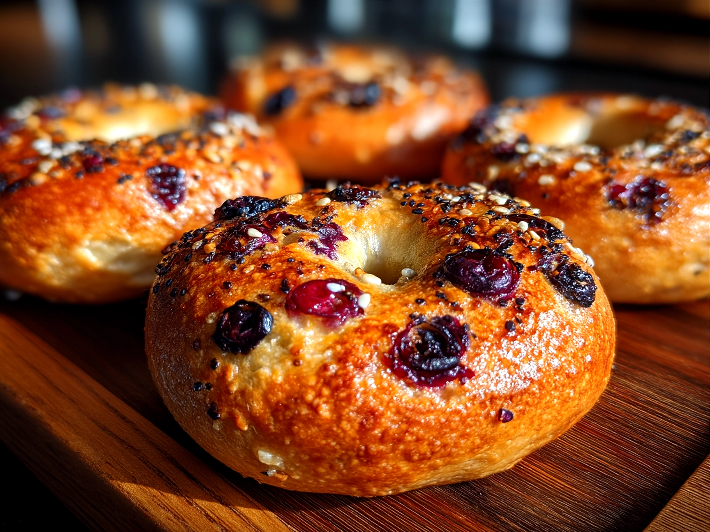 Freshly baked sourdough blueberry bagels served on a wooden board with fresh berries