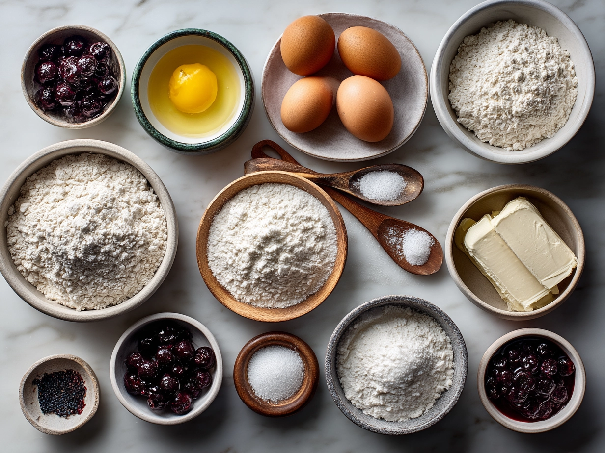 Ingredients for Sourdough Blueberry Bagels including sourdough starter, blueberries, flour, honey, and more